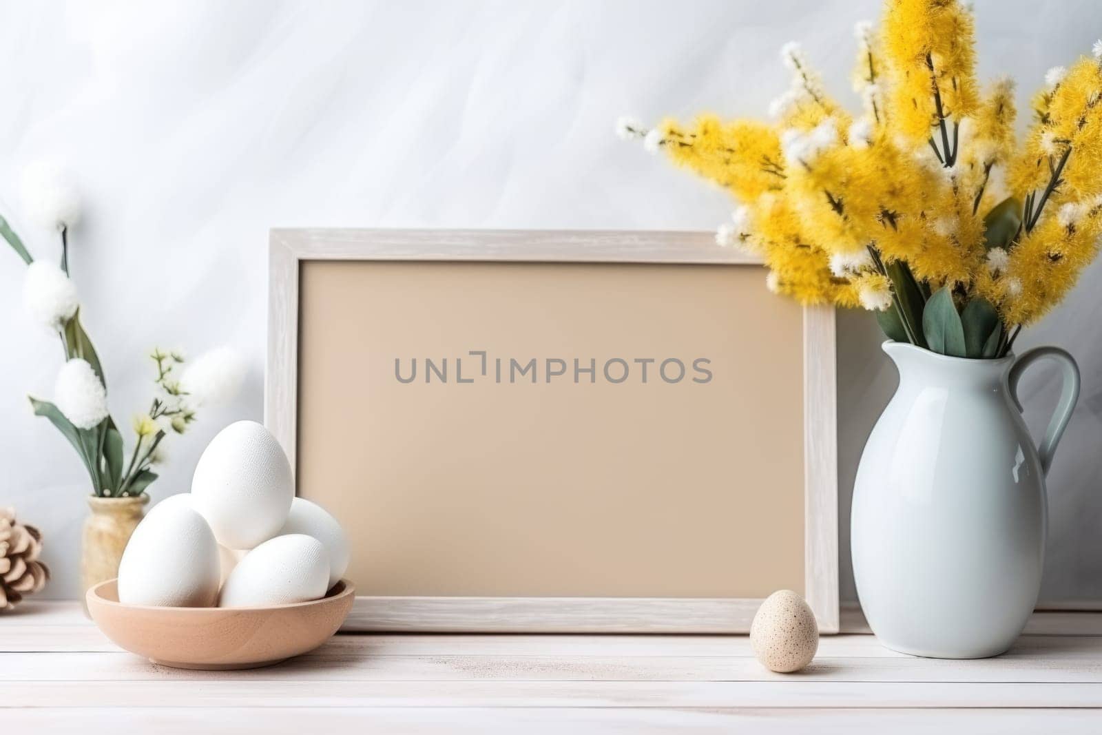 Happy Easter concept with easter eggs in nest and spring flowers. wooden frame on the table decorated for Easter. ai generated