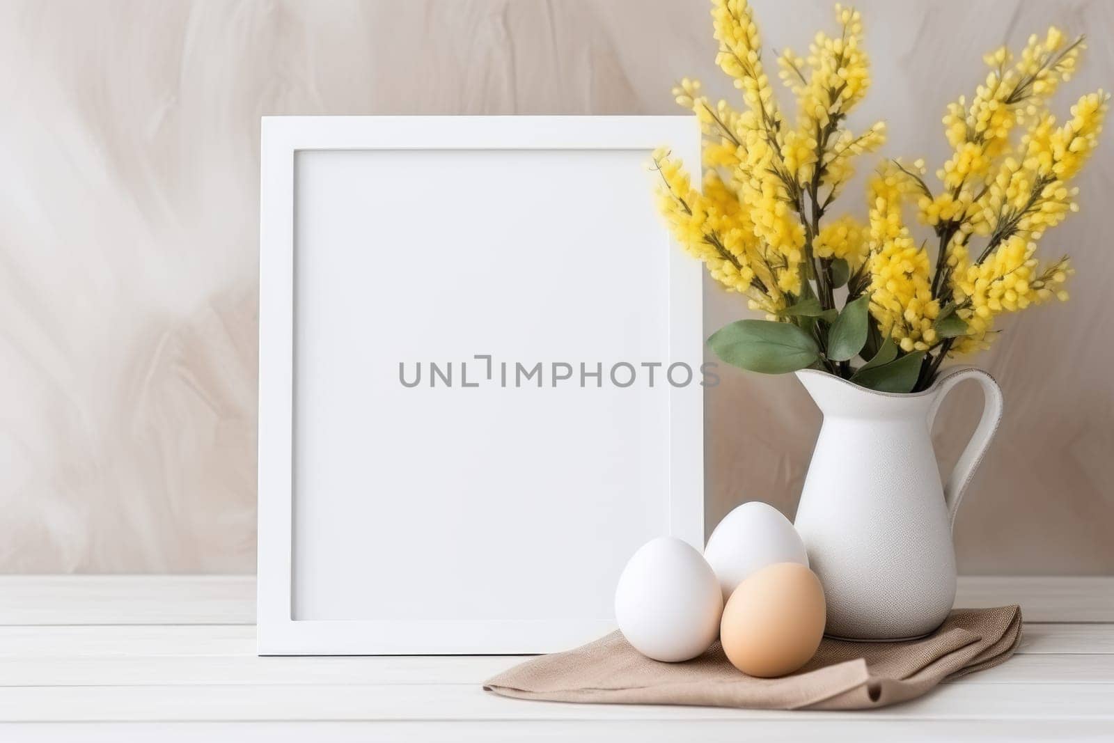 Happy Easter concept with easter eggs in nest and spring flowers. wooden frame on the table decorated for Easter. ai generated