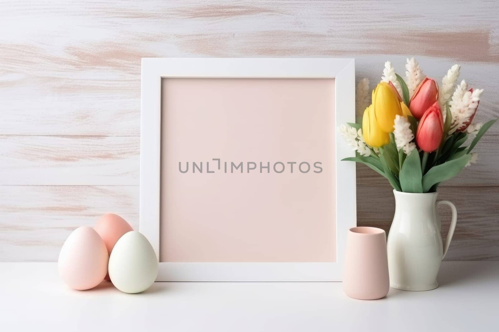 Happy Easter concept with easter eggs in nest and spring flowers. wooden frame on the table decorated for Easter. ai generated