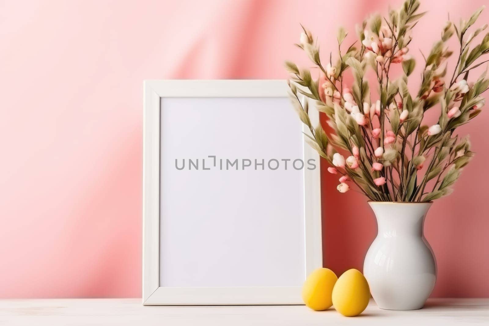 Happy Easter concept with easter eggs in nest and spring flowers. wooden frame on the table decorated for Easter. ai generated