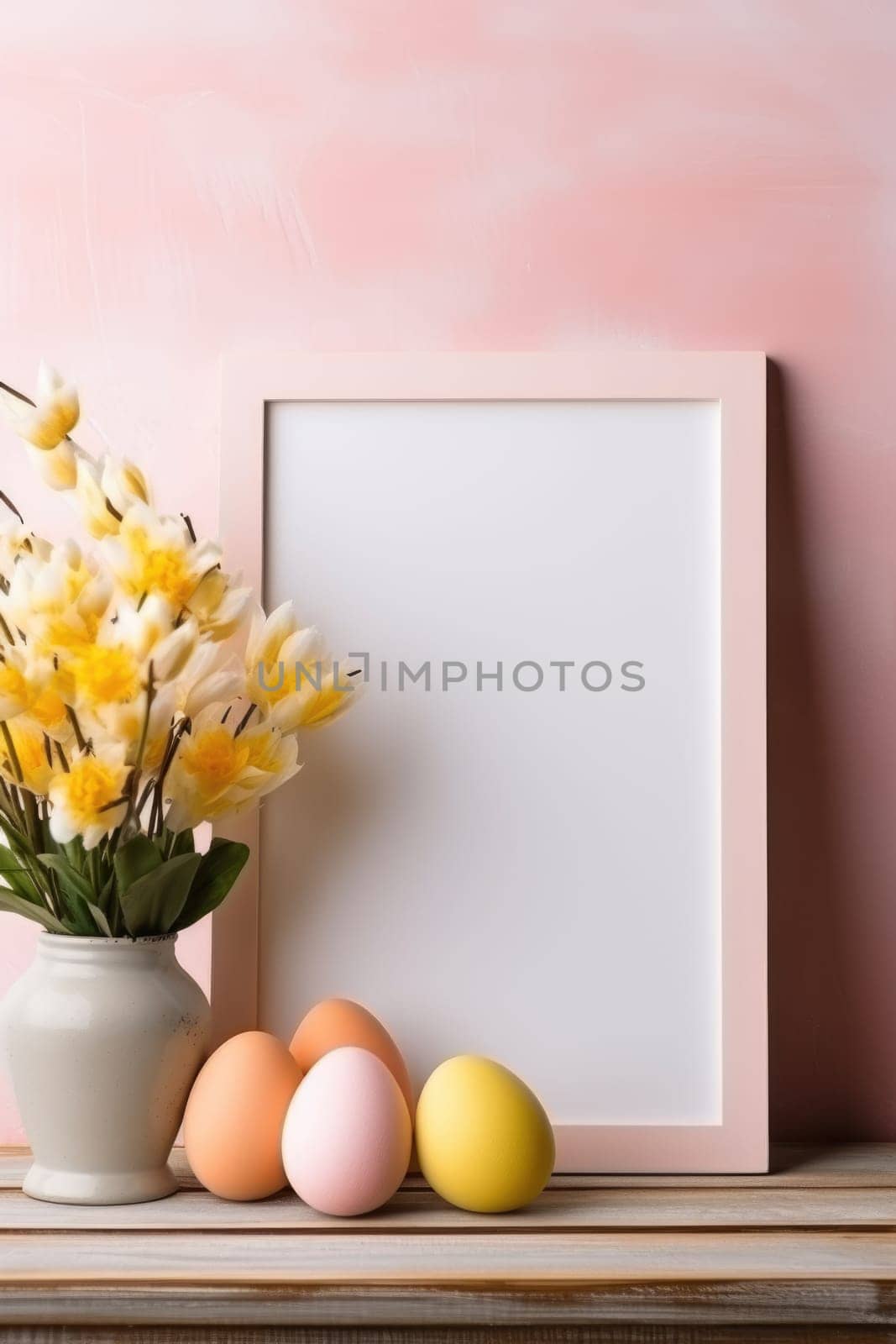 Happy Easter concept with easter eggs in nest and spring flowers. wooden frame on the table decorated for Easter. ai generated