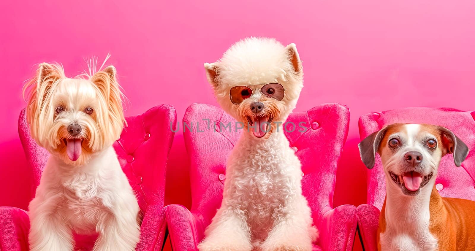 Adorable Yorkshire Terrier, Bichon Frise with Sunglasses, and Beagle on Pink Chairs - Pet Fashion Portrait.