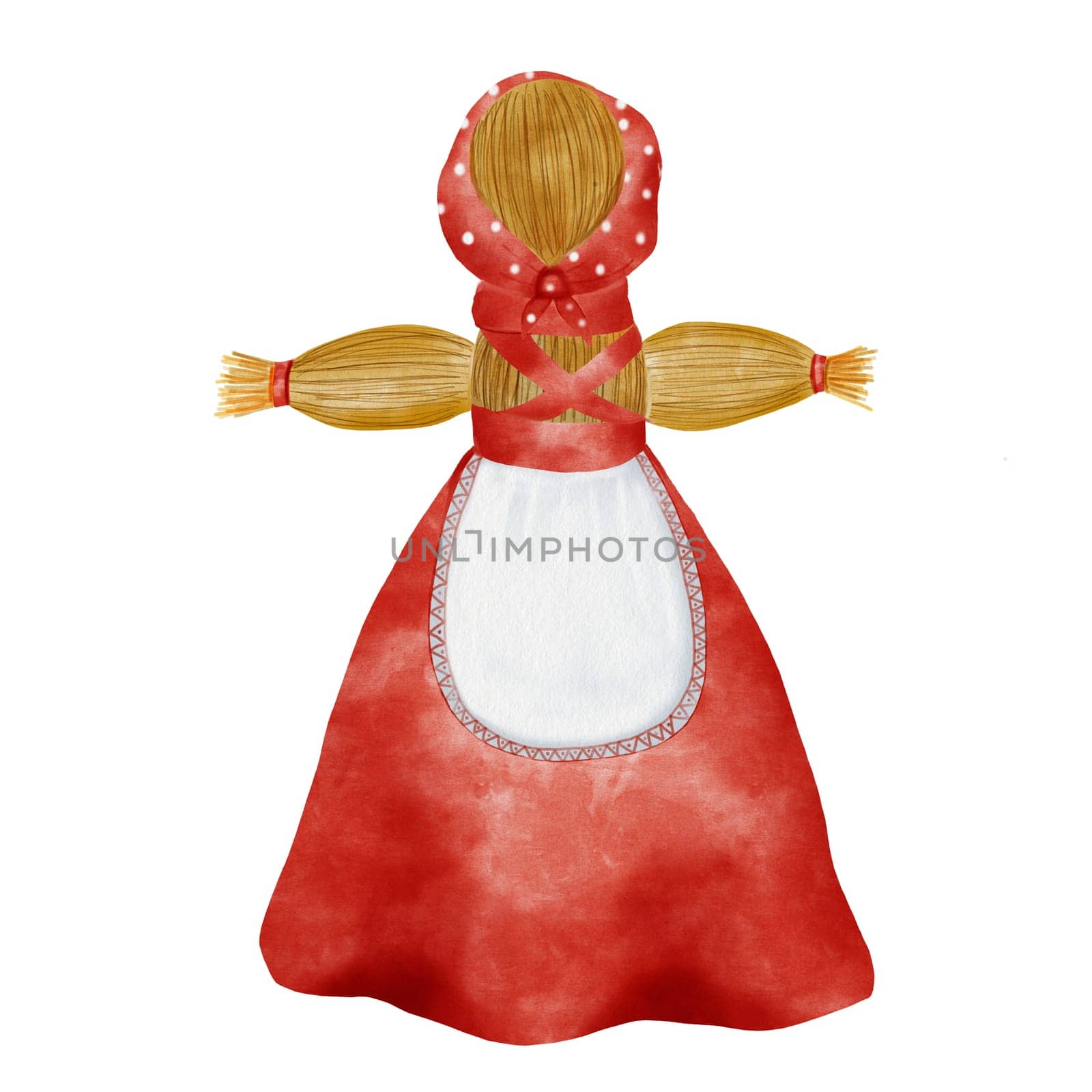 Watercolor drawing traditional straw effigy in Slavic costume for Russian holiday Maslenitsa. Beautiful doll illustration isolated on white background for postcards and banner design. High quality photo