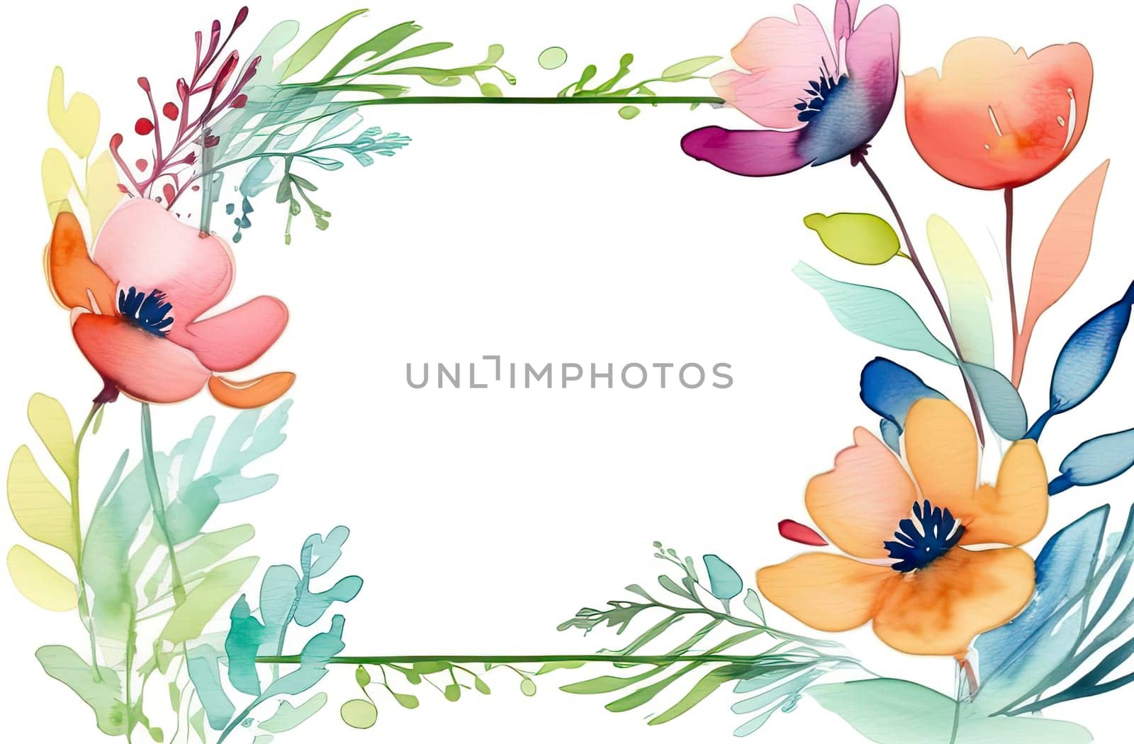 Card with copy space inside a frame made of botanical elements on a white background. Illustration, pastel, top view. by Proxima13
