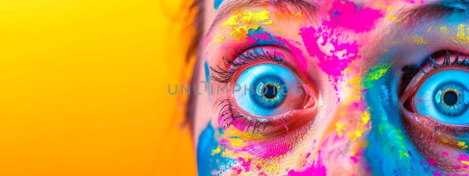Striking Close-Up of Vibrant Eye Makeup and Colorful Face Paint on a Bright Yellow Background by Edophoto