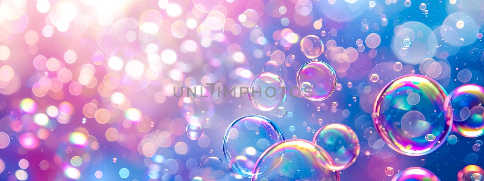 Vibrant Colorful Soap Bubbles with Iridescent Reflections and Bokeh on a Bright Background, copy space