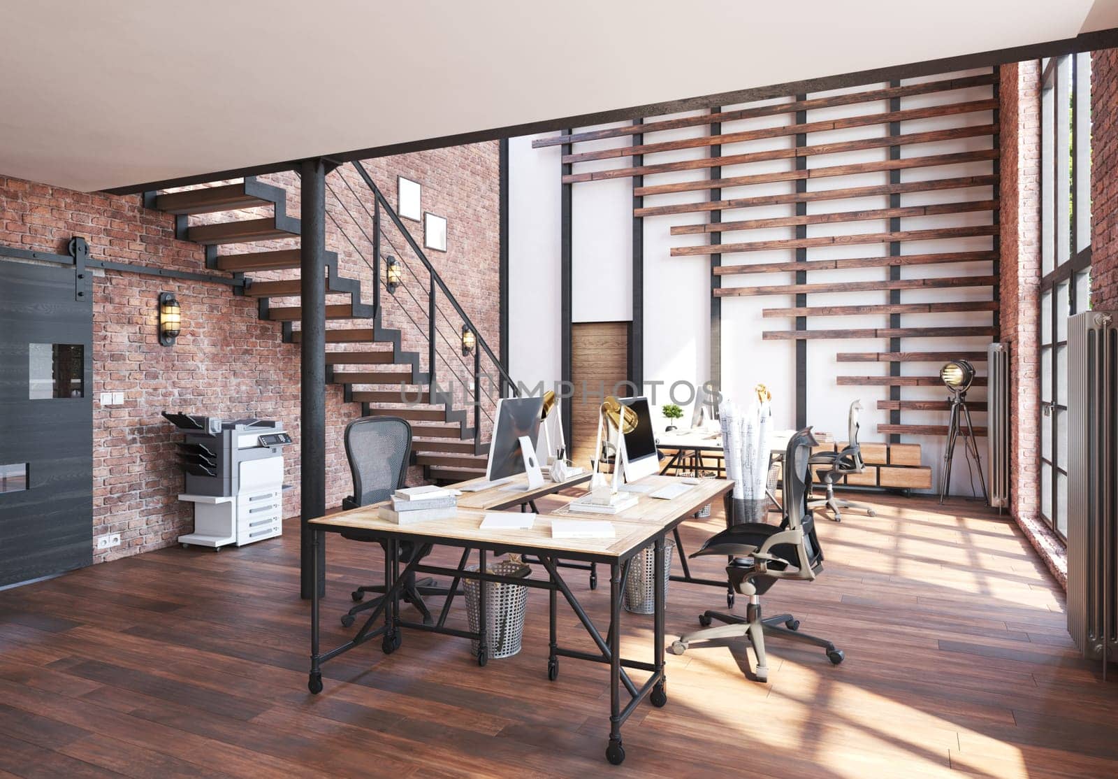 Modern office interior. Workplace concept. 3d rendering mock up
