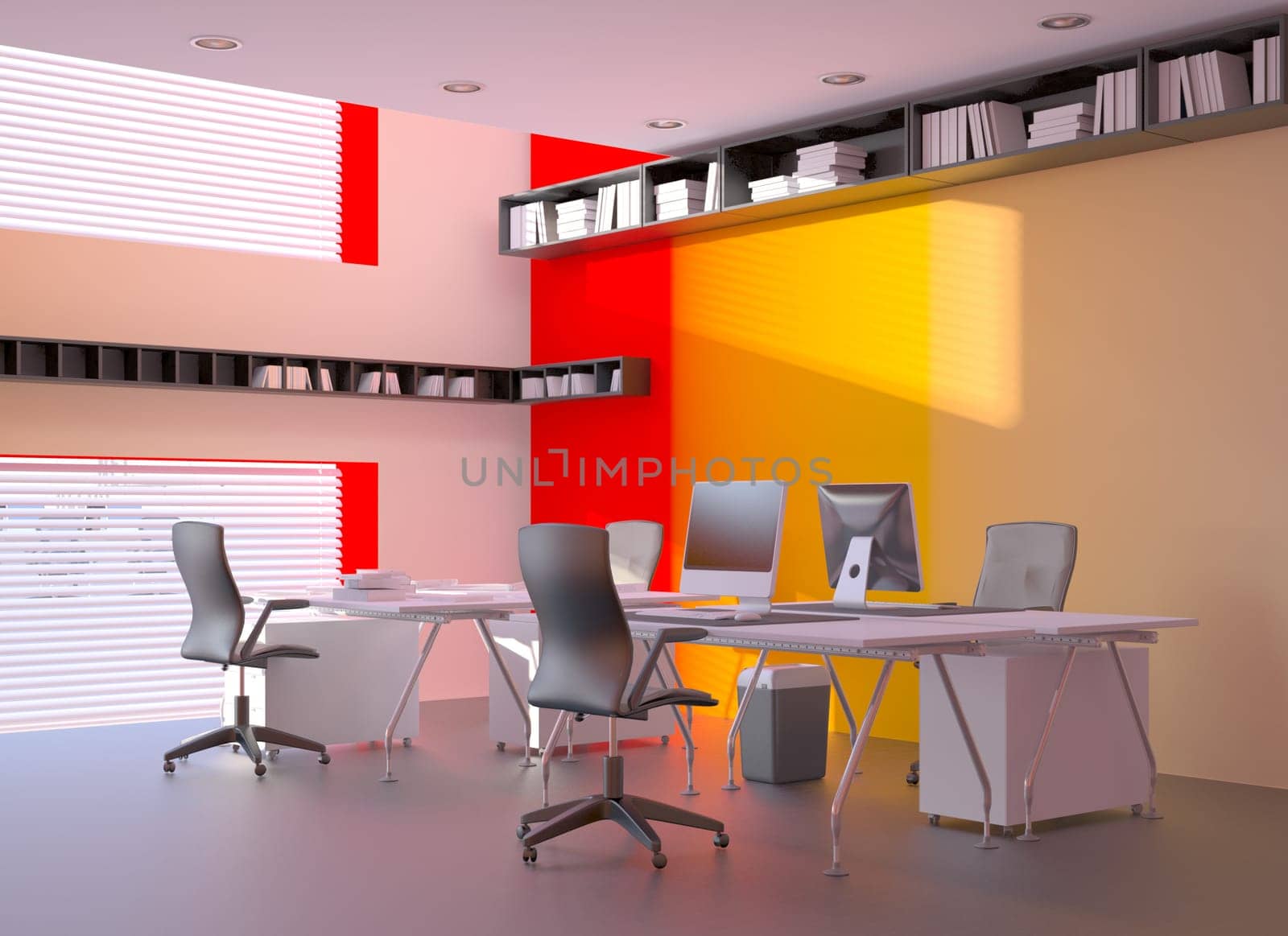 3d render of modern office interior design. Workplace concept.