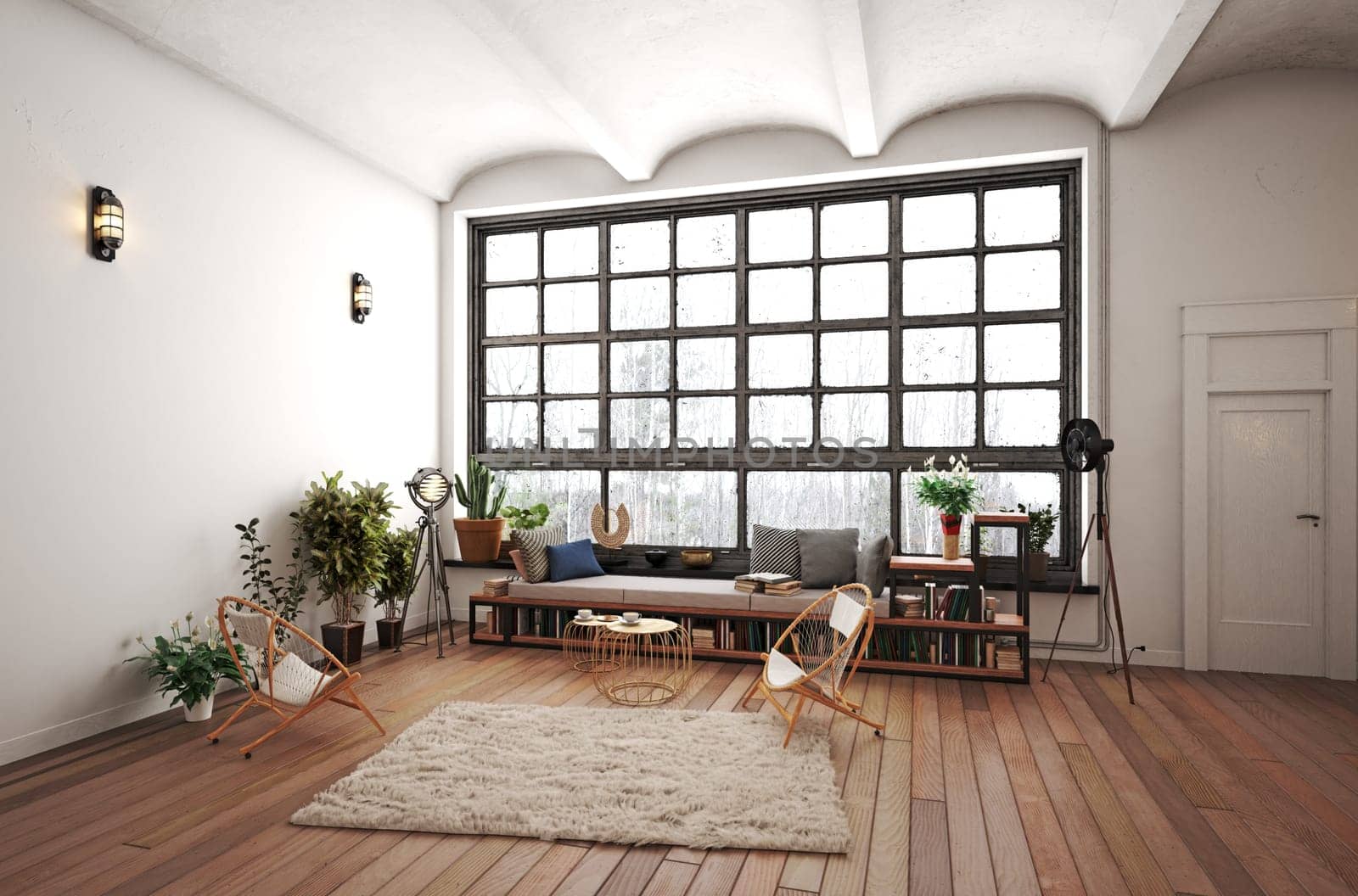 modern living room interior design with furniture. 3D rendering image.
