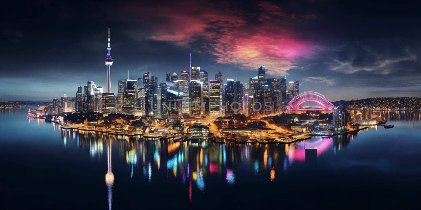 Vibrant city skyline reflecting on calm waters at night . Generative AI