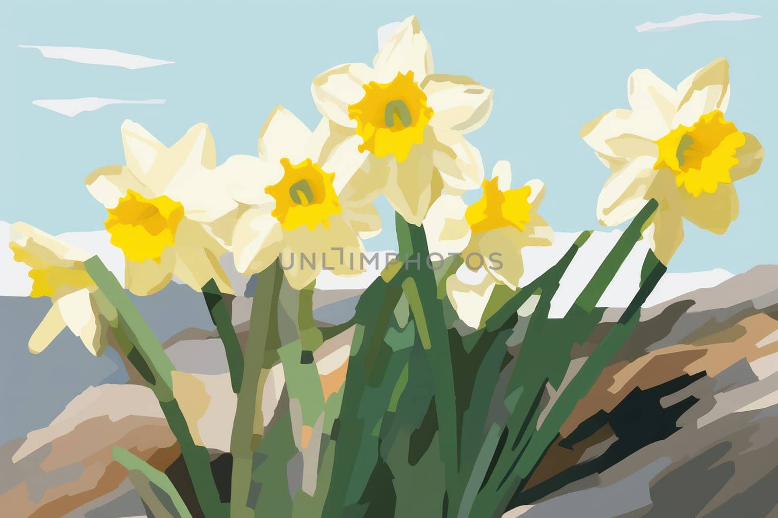 Yellow Nature Daffodil Plant in Blooming, Floral Beauty on Green Background: White Spring Bouquet. by Vichizh