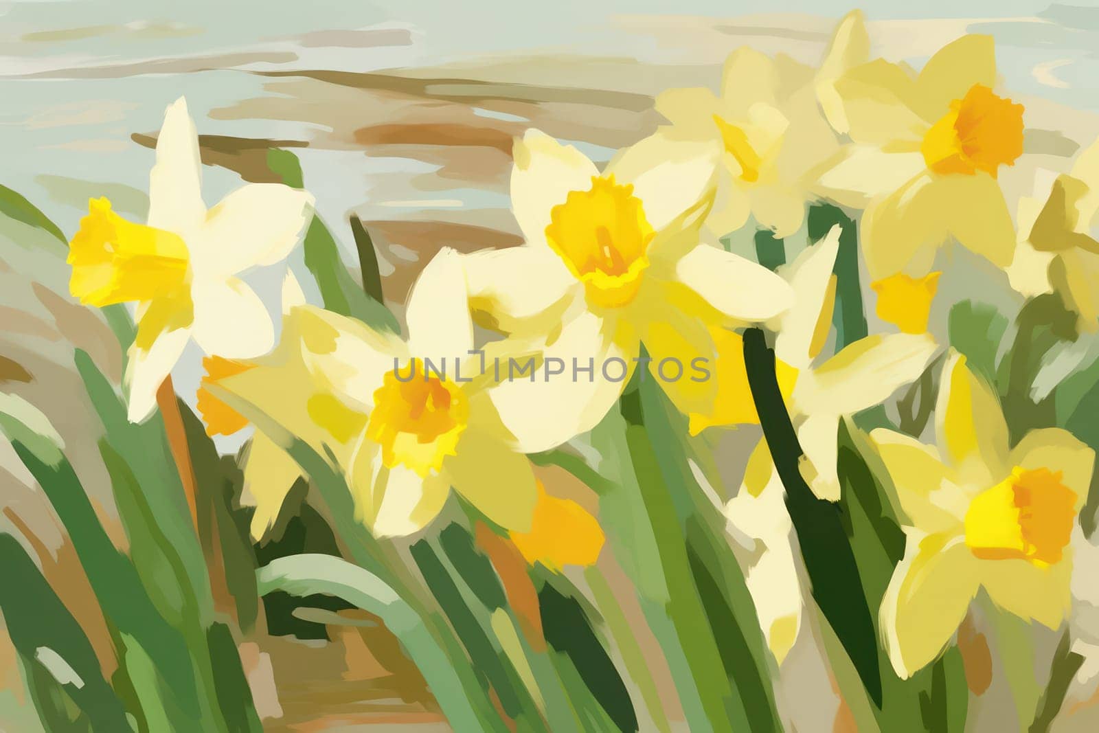 Sunny Beauty: Yellow Daffodil Blossoms in a Vibrant Spring Field