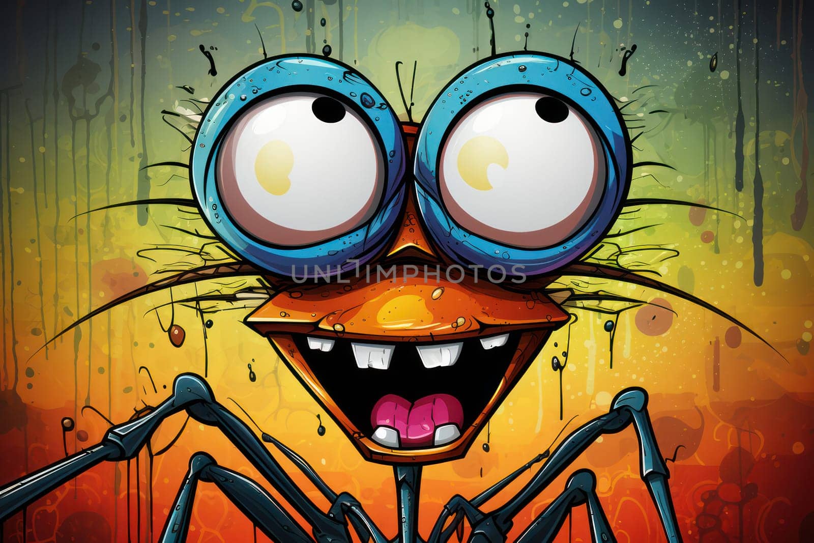 Cute Cartoon Creature with a Funny Expression and a Bright Blue Background, a Cheerful Happy Monster Character with Yellow Alien-Like Head and Bizarre Creature Wings, a Sweet Mascot-Like Funny Cartoon with a Square Crazy Face, Perfect for Halloween Sticker by Vichizh