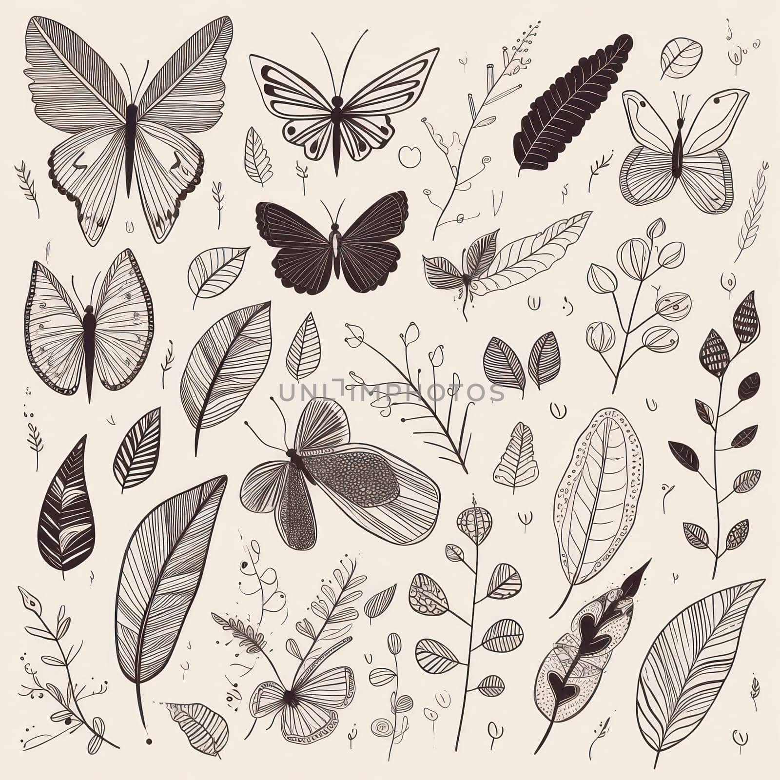 Nature's Delicate Flight: A Vintage Butterfly Illustration Set with Decorative Black and White Doodles, Sketches, and Patterns by Vichizh