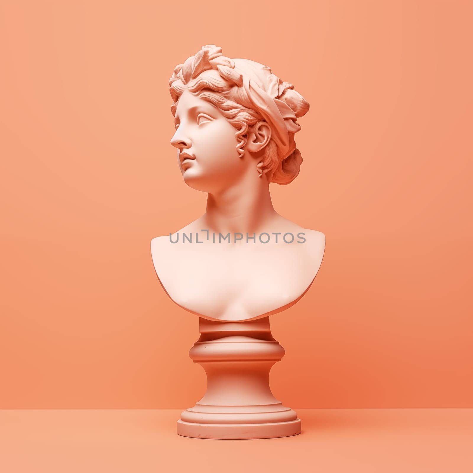 Antique statue of female head on peach background. Greek woman bust.