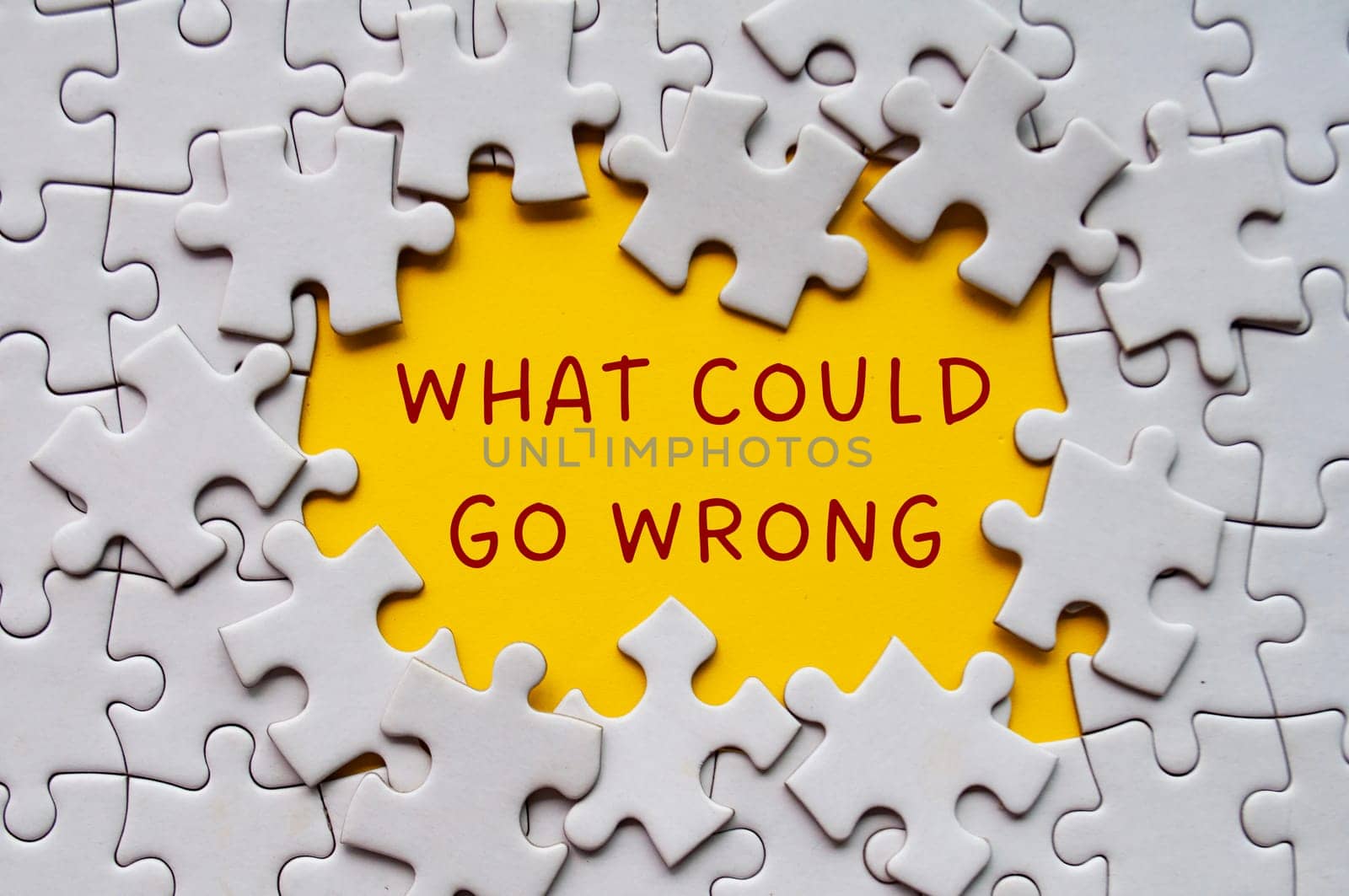 What could go wrong text on missing jigsaw puzzle. Solution concept.