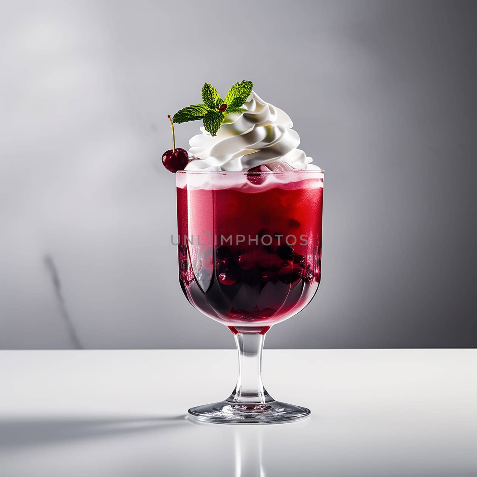 Red Cocktail in a Transparent Glass with Round Ice, Whipped Cream, and Blackberry on Top - Side View by Petrichor