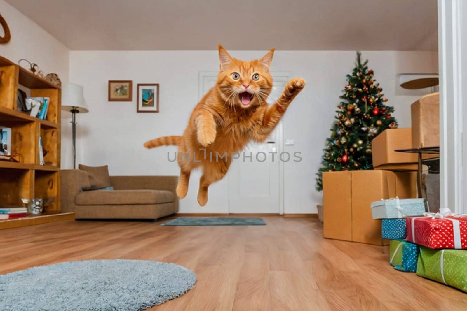 A funny red cat is jumping in the room. Crazy playful cat jumping after installing a New Year tree in the house. by Ekaterina34