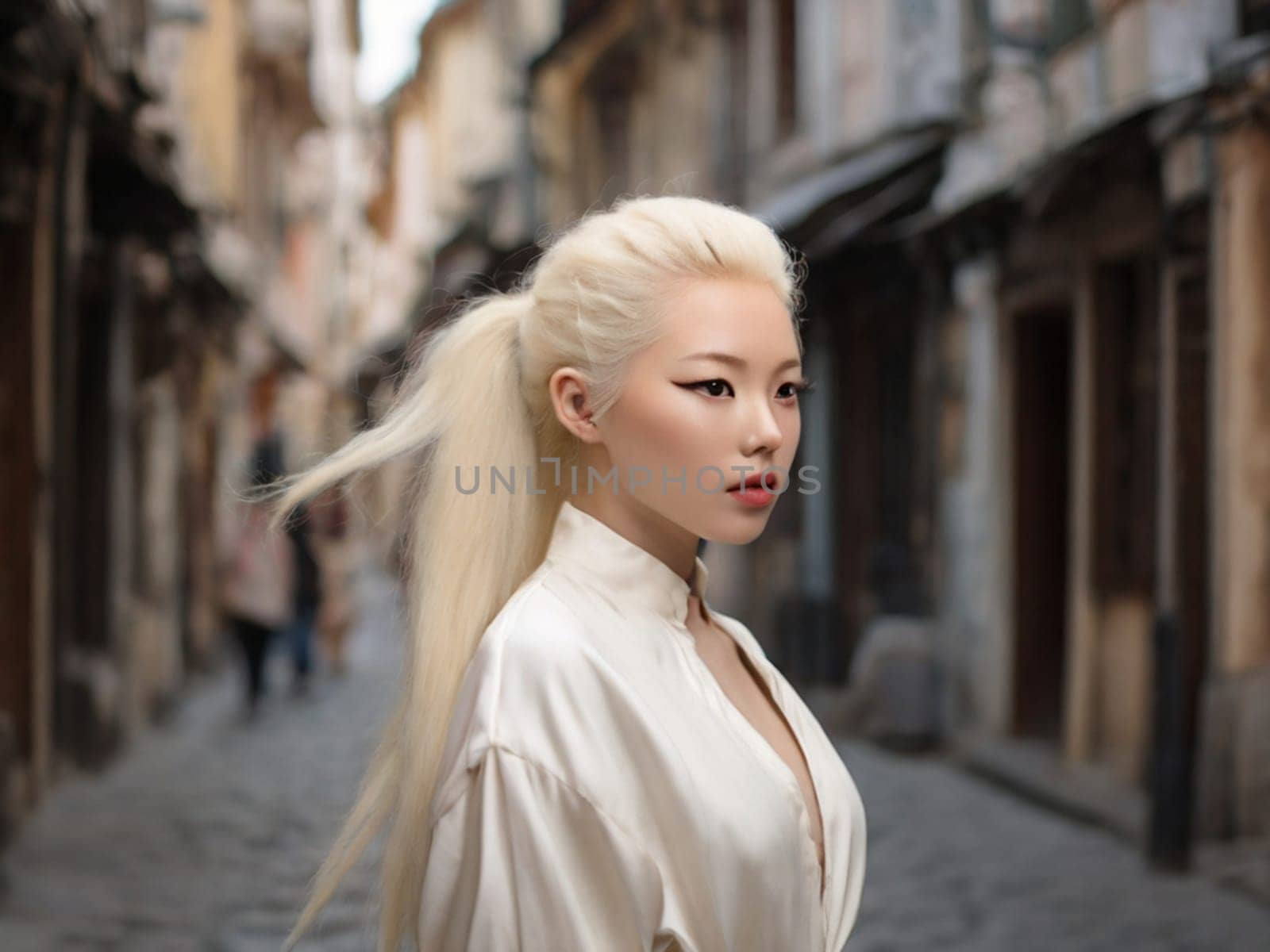 an albino girl of Asian appearance walks along narrow streets with cobblestones by Ekaterina34