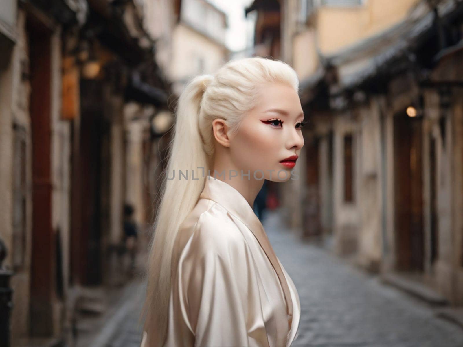 an albino girl of Asian appearance walks along narrow streets with cobblestones by Ekaterina34