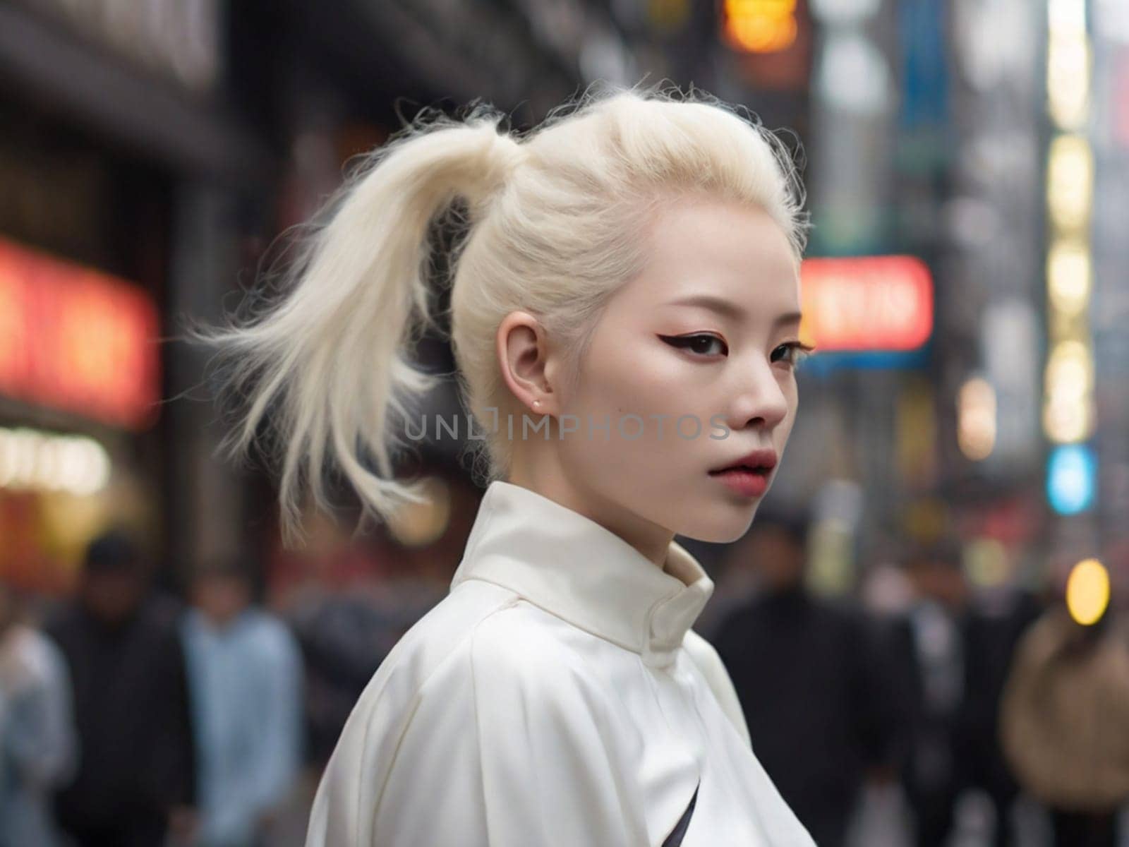 an albino girl of Asian appearance walks along the noisy streets of a noisy metropolis.