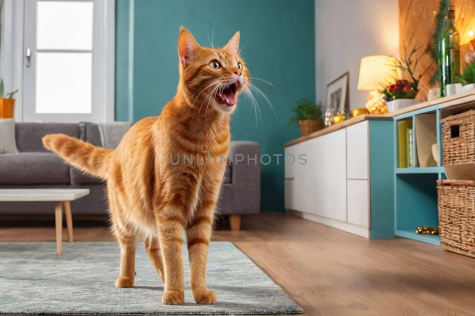 Cute red cat screams, meows, asks for food with surprised eyes.