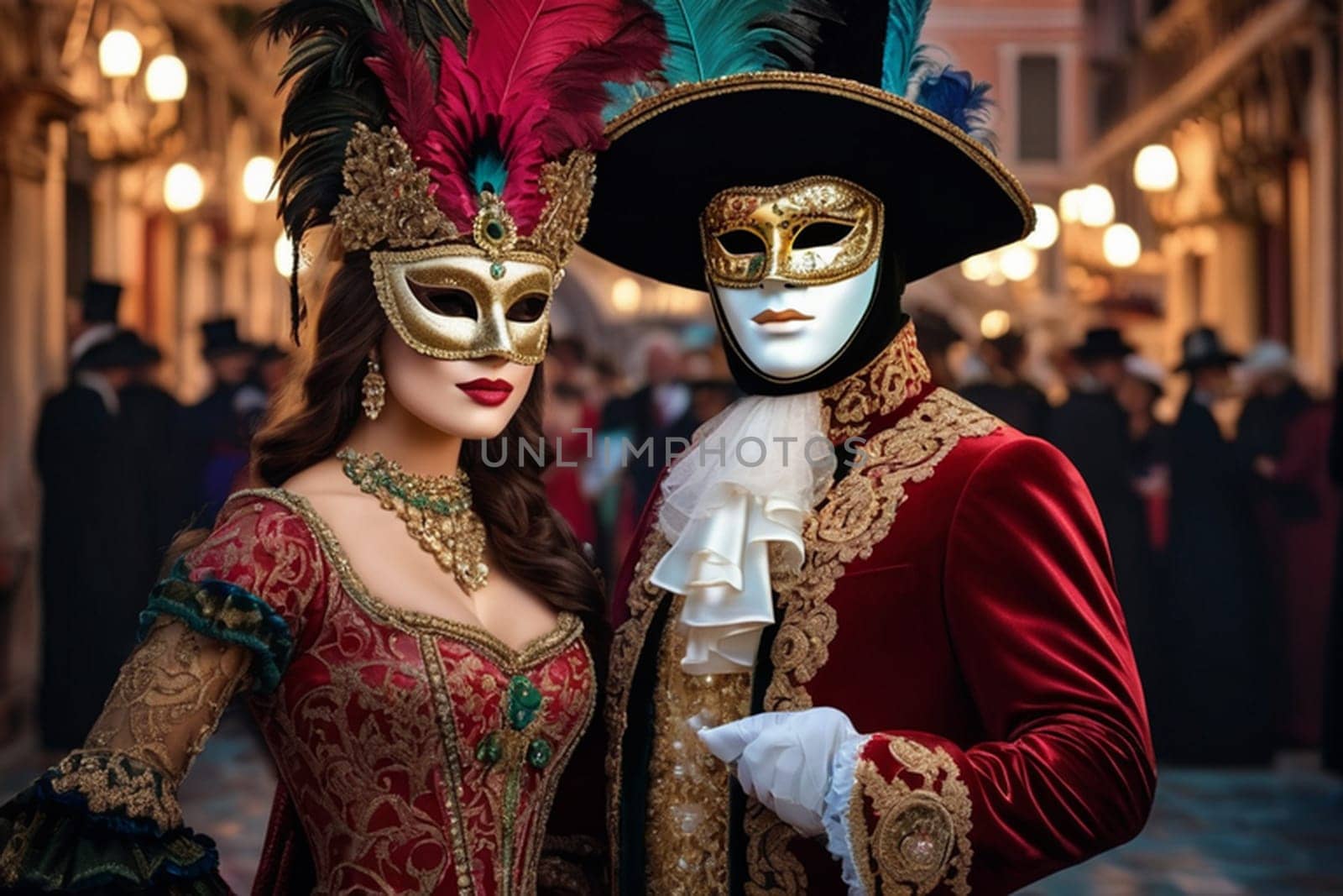 Ai generated portrait of people dressed with costumes and mask for the annual Venetian carnival.