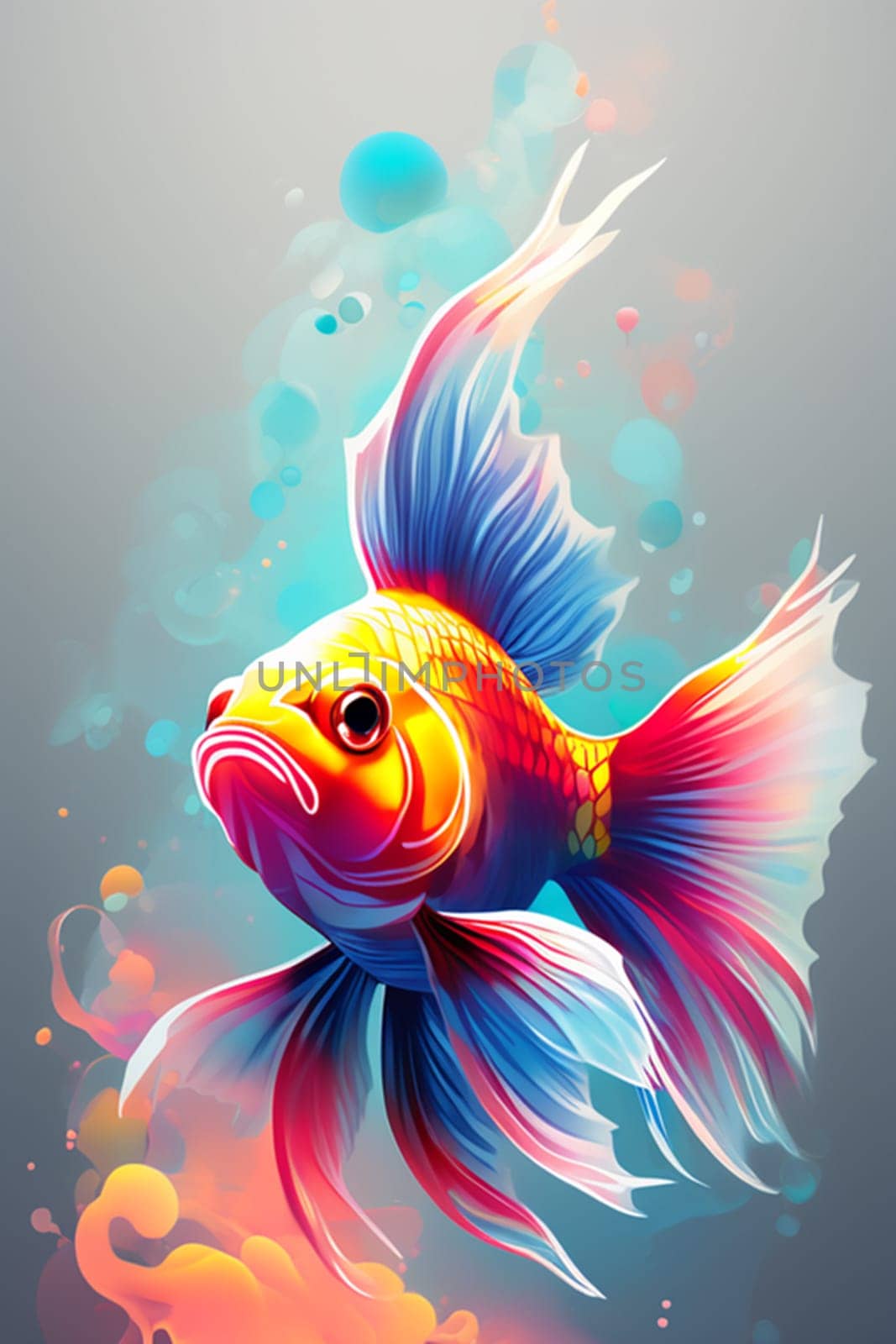 Goldfish in neon color in pop art style. Minimalist style, neon line logo, depicting a mosaic fish surrounded by vibrant smoke effects. by Ekaterina34