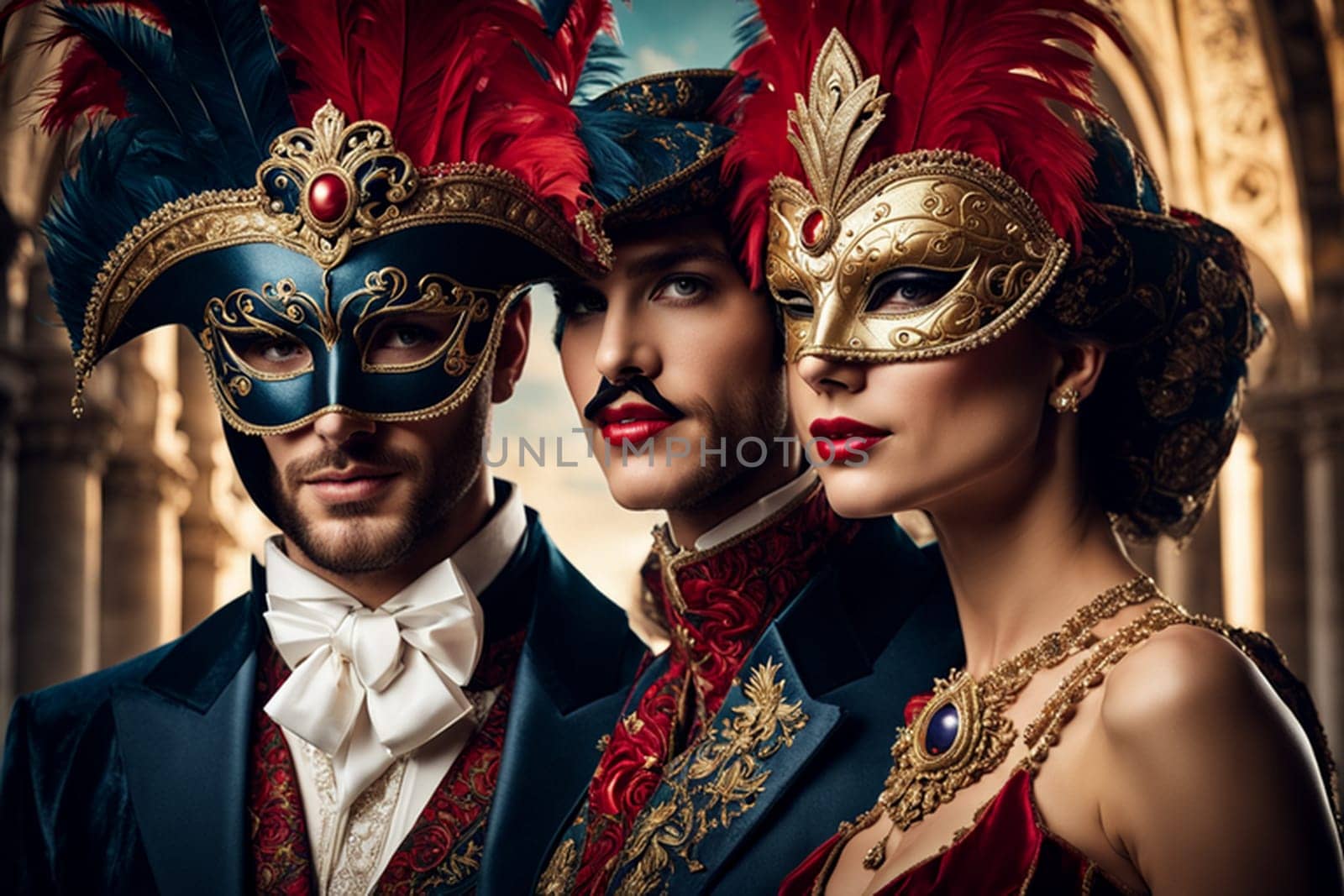 Ai generated portrait of people dressed with costumes and mask for the annual Venetian carnival.