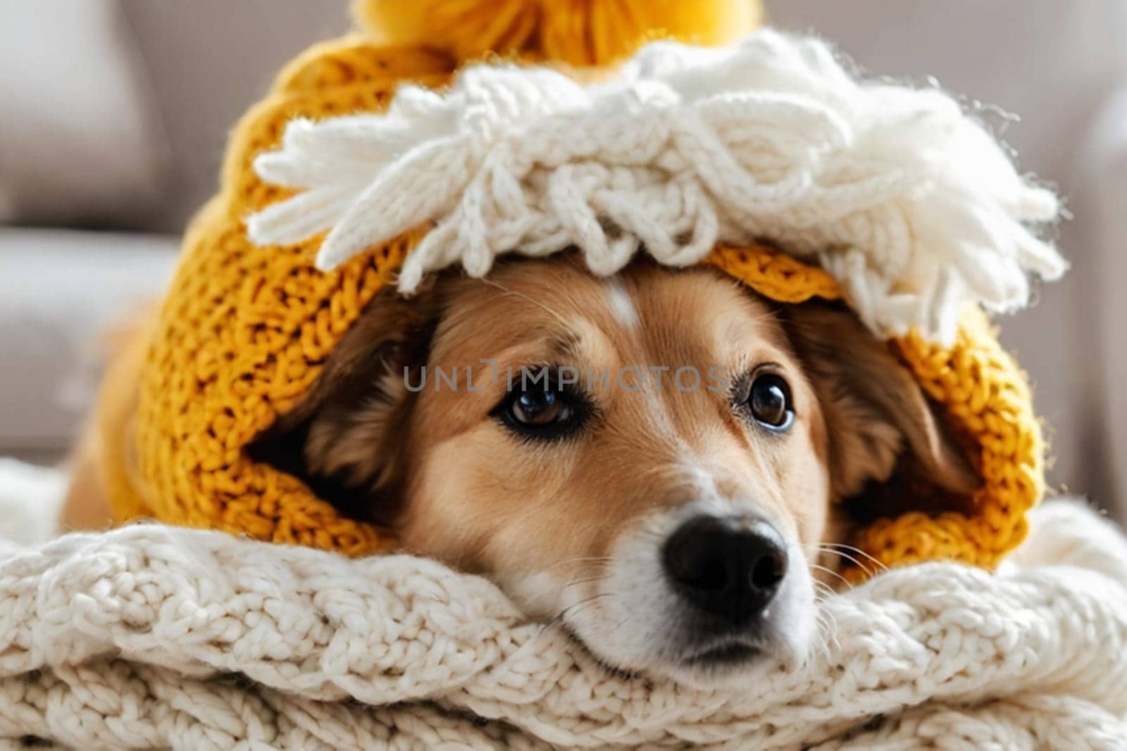 Funny dog sticks out its muzzle among woolen knitted clothes.