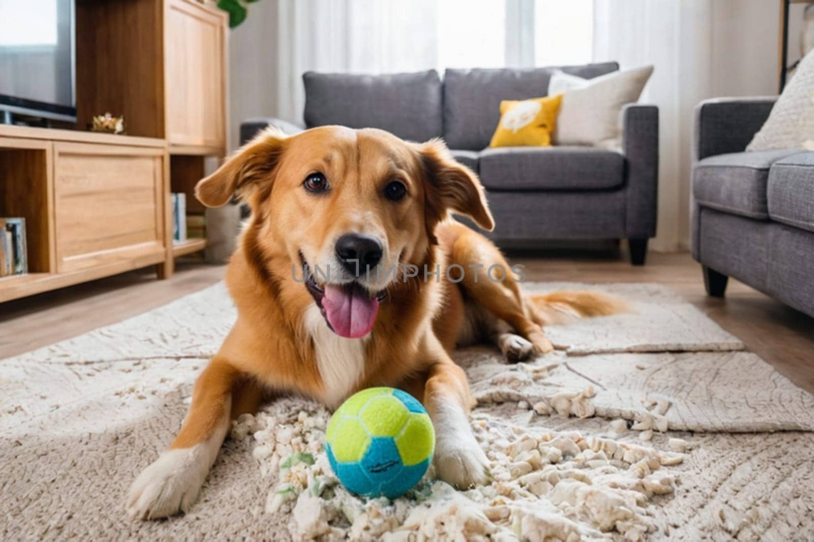 Cheerful dog at home in the living room playing with his toys by Ekaterina34