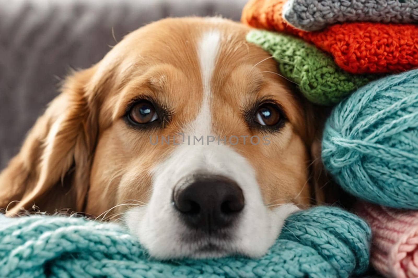 Funny dog sticks out its muzzle among woolen knitted clothes