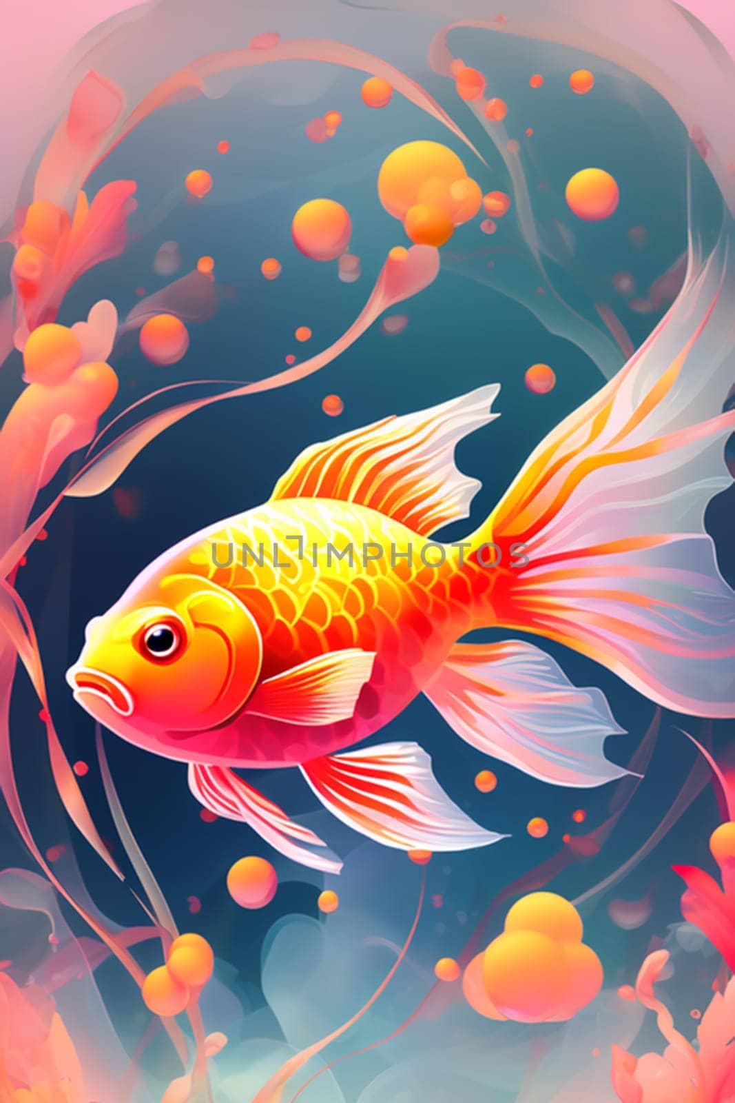Goldfish in neon color in pop art style. Minimalist style, neon line logo, depicting a mosaic fish surrounded by vibrant smoke effects