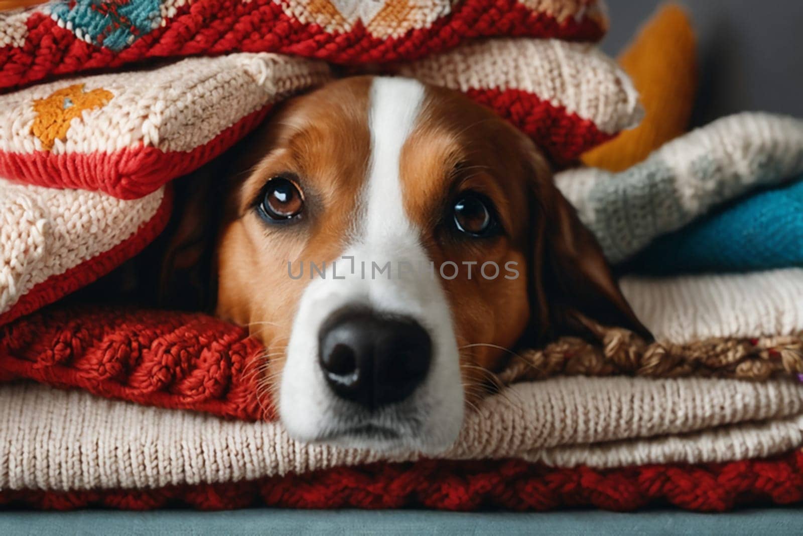 Funny dog sticks out its muzzle among woolen knitted clothes. by Ekaterina34