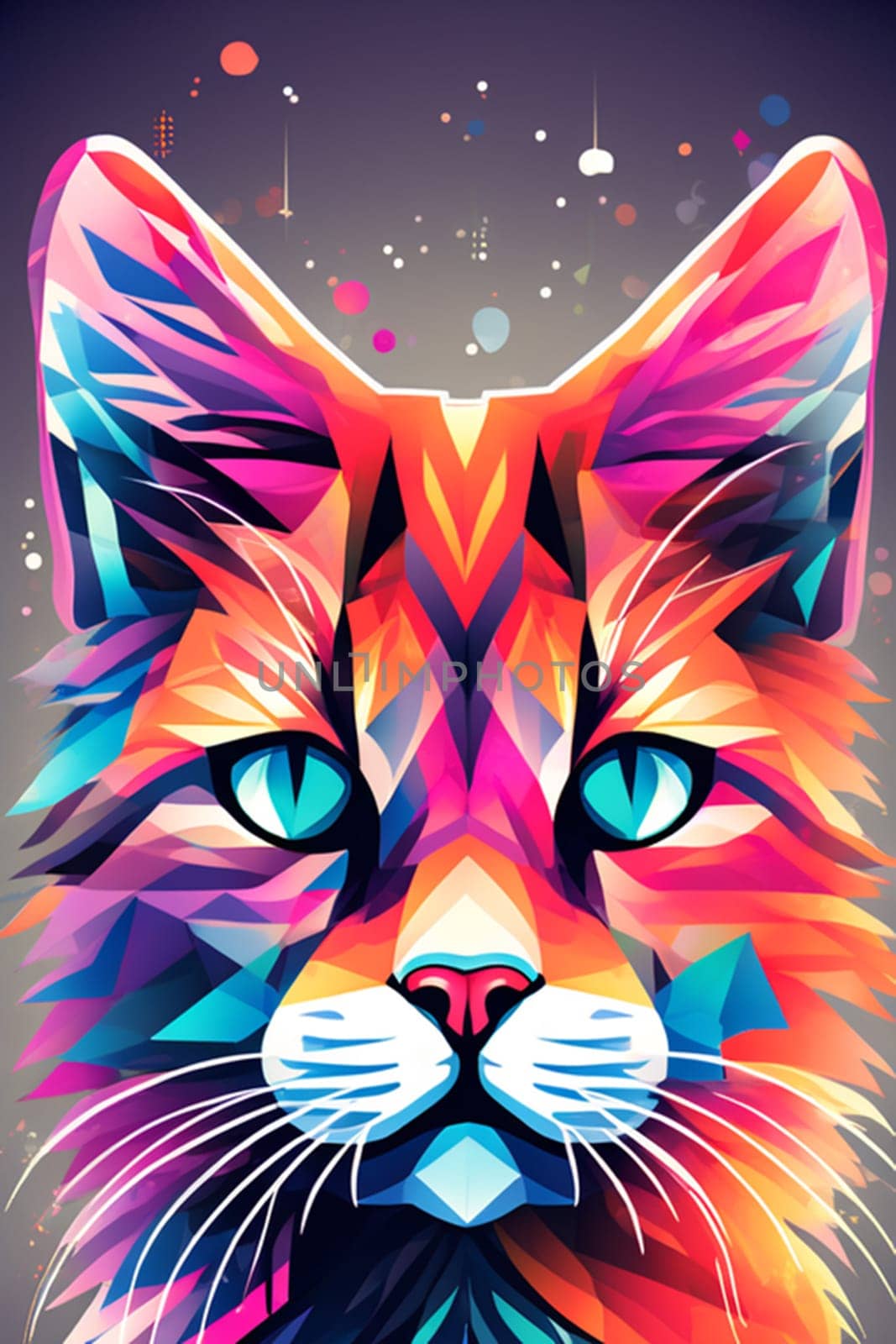 Cat head in pop art style. Minimalist style, neon line logo, depicting a mosaic geometric cat surrounded by vibrant smoke effects on a scarlet background.