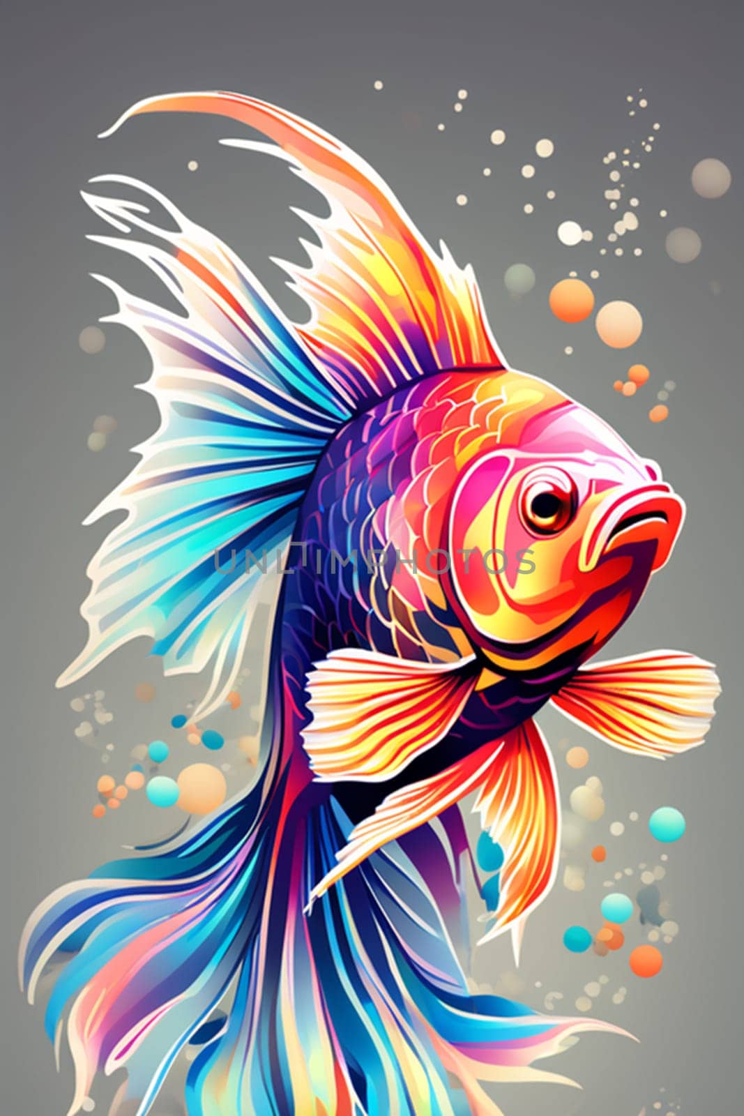 Goldfish in neon color in pop art style. Minimalist style, neon line logo, depicting a mosaic fish surrounded by vibrant smoke effects. by Ekaterina34