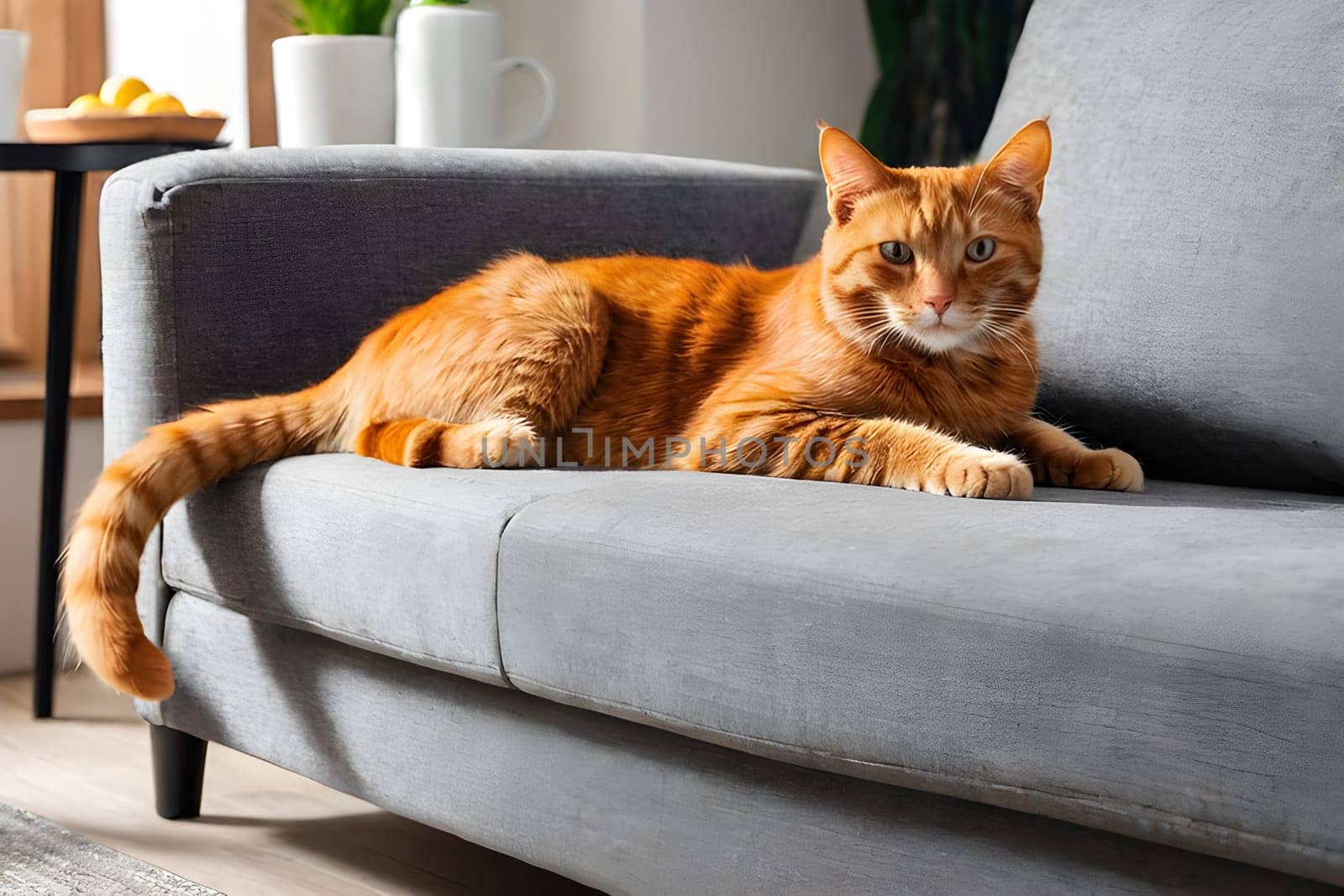 Cute red cat lying on sofa in living room.