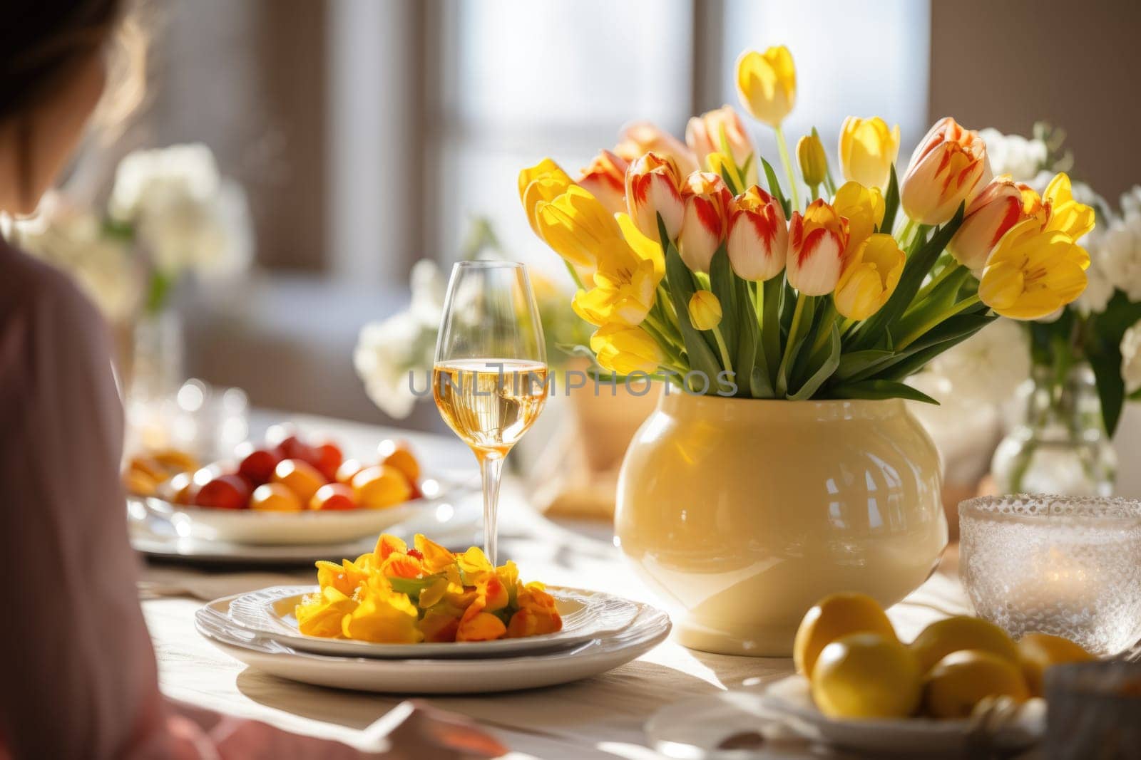 beautiful woman setting table for Easter dinner , celebrating easter . ai generated
