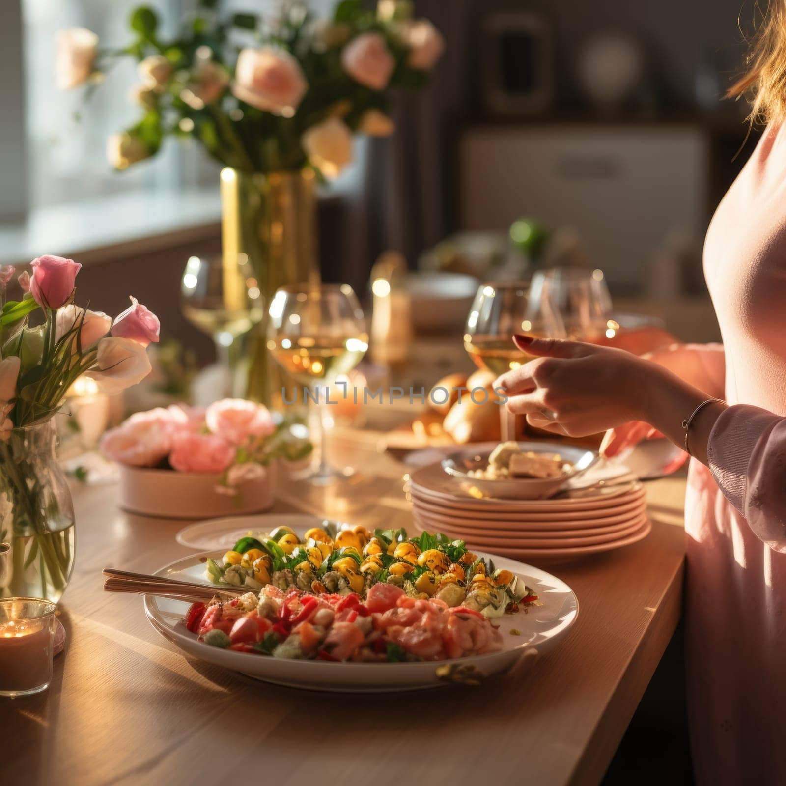 woman setting table for Easter dinner . ai generated by Desperada