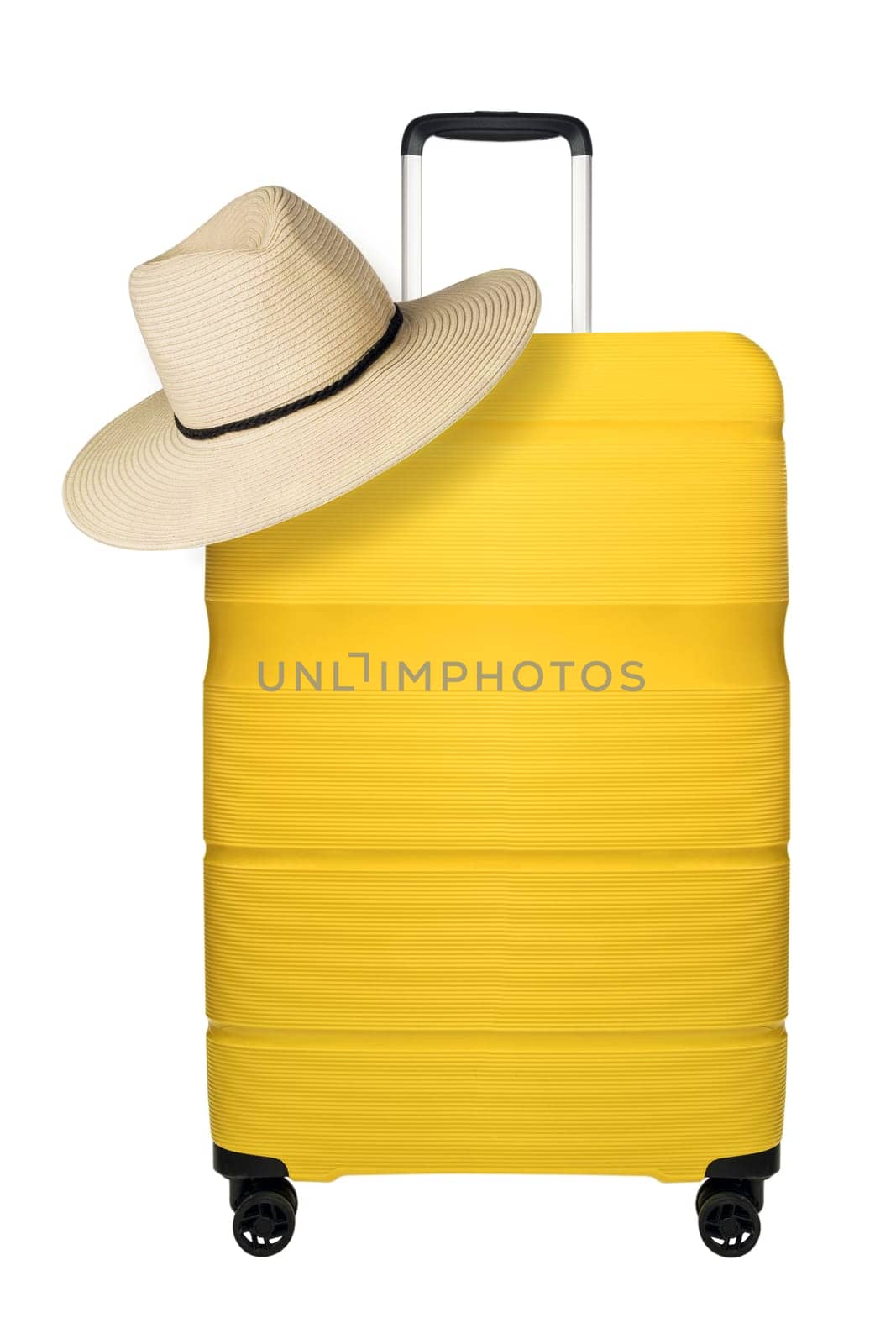 Travel yellow suitcase with straw hat isolated on white background by dmitryz