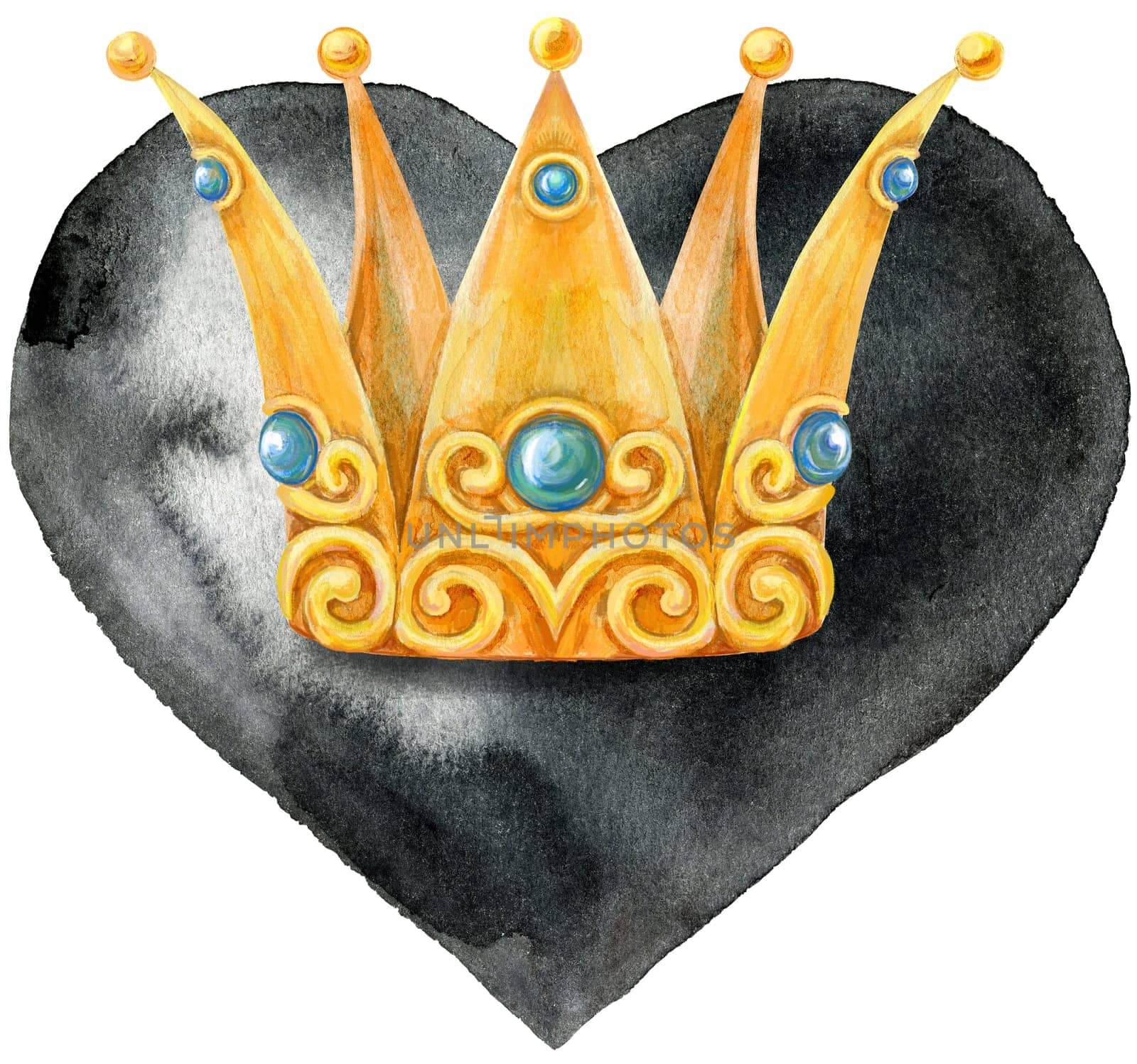 Watercolor black heart with golden crown by NataOmsk