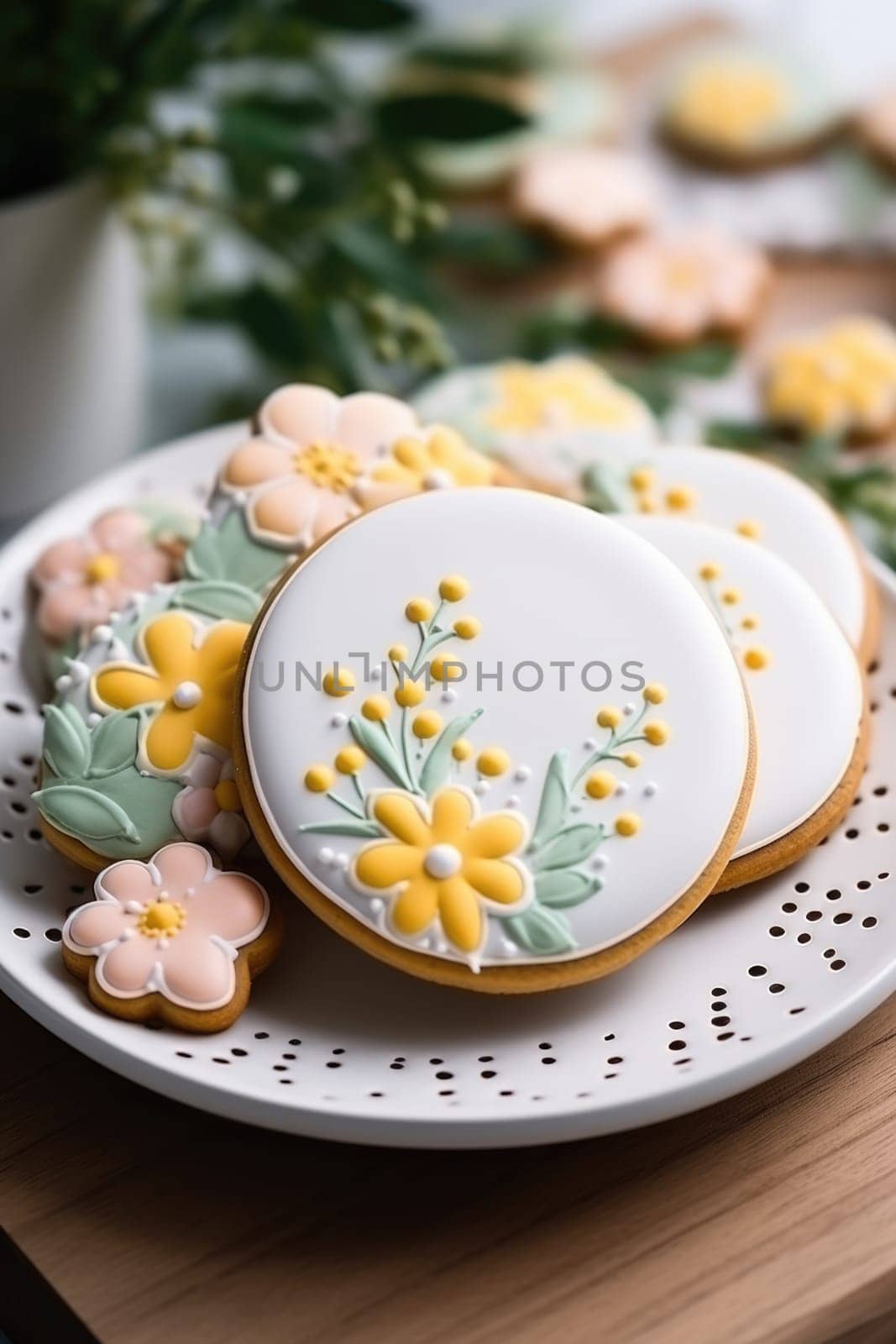 Easter gingerbread in the form of eggs and flowers on a plate on wooden table. ai generated