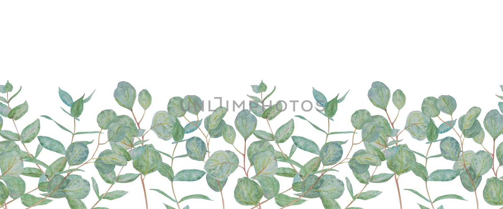 Watercolor seamless border of mint green eucalyptus branches. Hand drawn floral illustration for wedding invitations, print products, floristic, beauty salon. Clip art for greeting, print, lable, card.