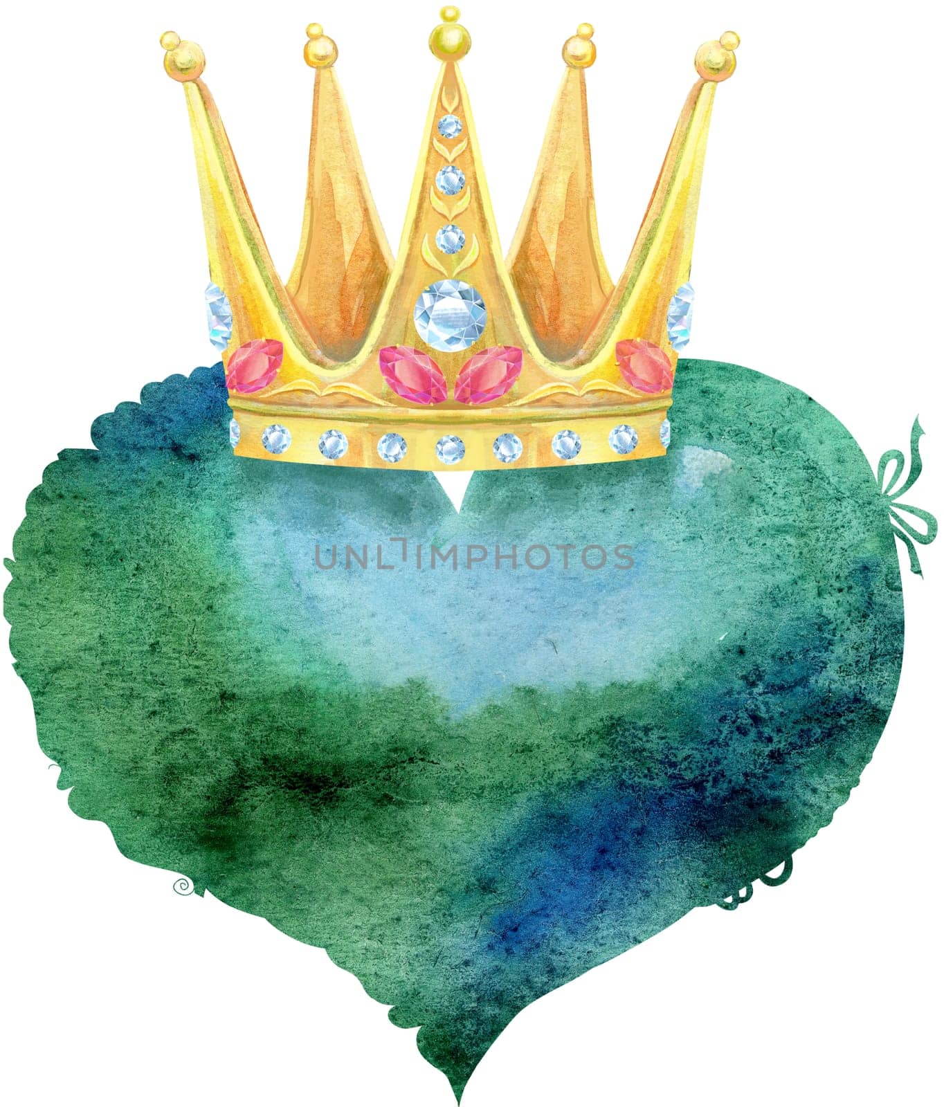 Watercolor dark green heart with golden crown, painted by hand