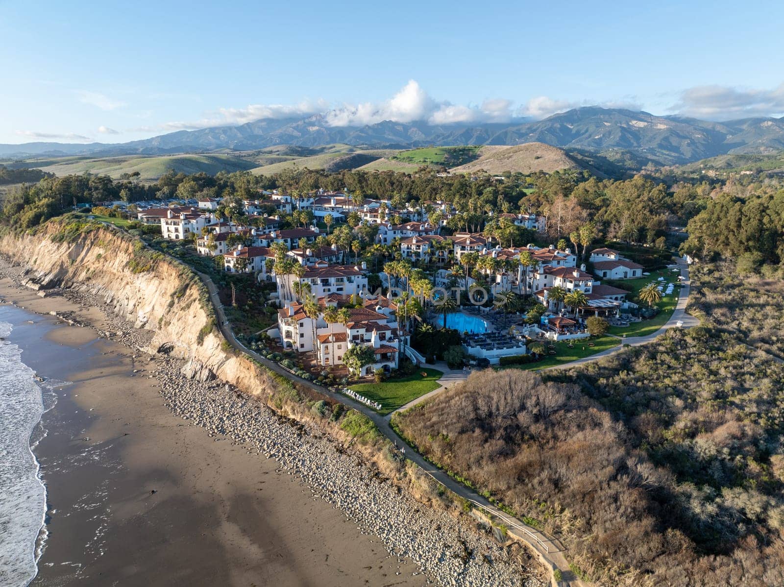 Aerial view of the cliff and beach with ocean in Santa Barbara California, USA