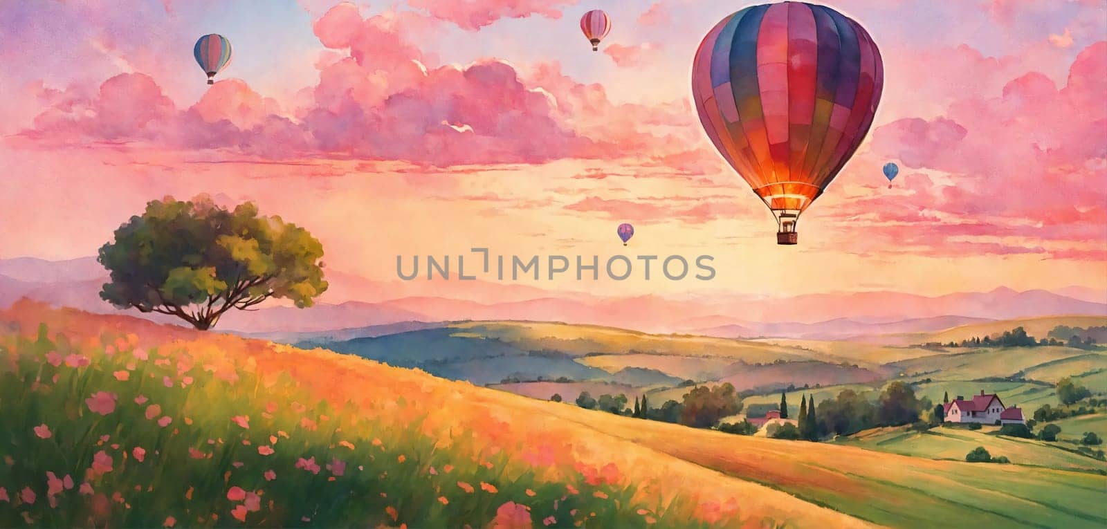 Landscape with a heart-shaped balloon in the sky. Generative AI. High quality photo