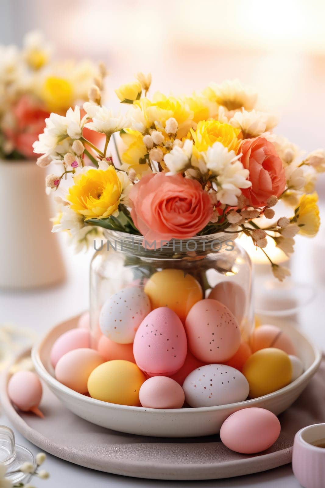 beautiful table setting with spring flowers and colorful eggs. ai generated