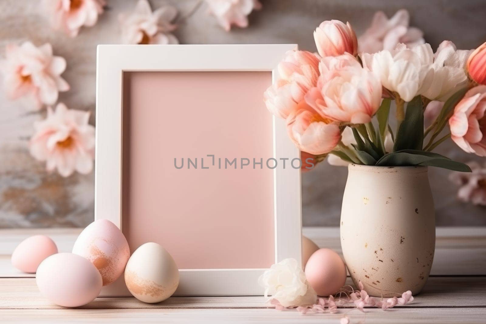 Happy Easter concept with easter eggs in nest and spring flowers. wooden frame on the table decorated for Easter. ai generated
