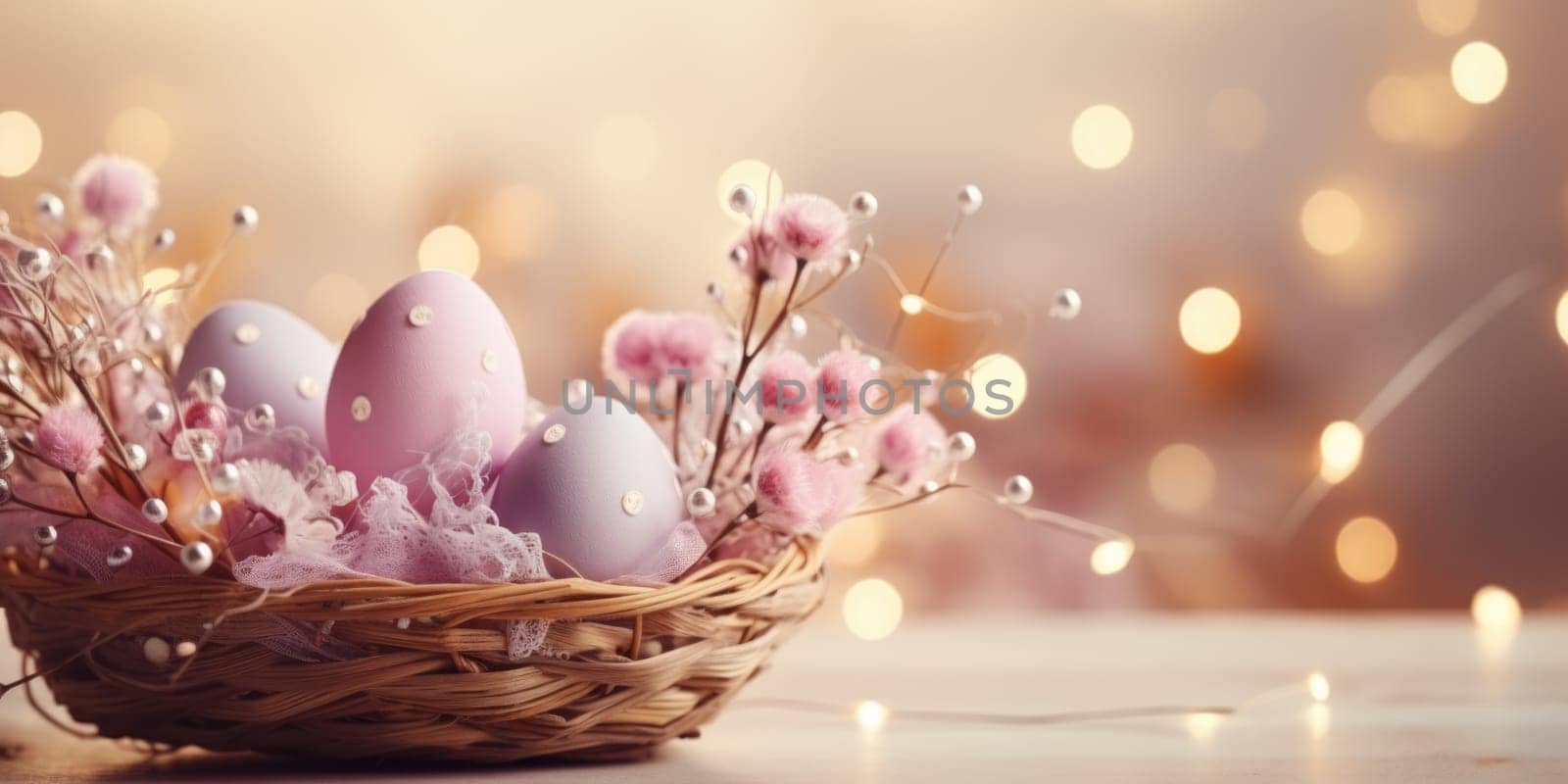 easter banner with easter decorations, easter basket, sparkling bokeh, pastell colors. ai generated