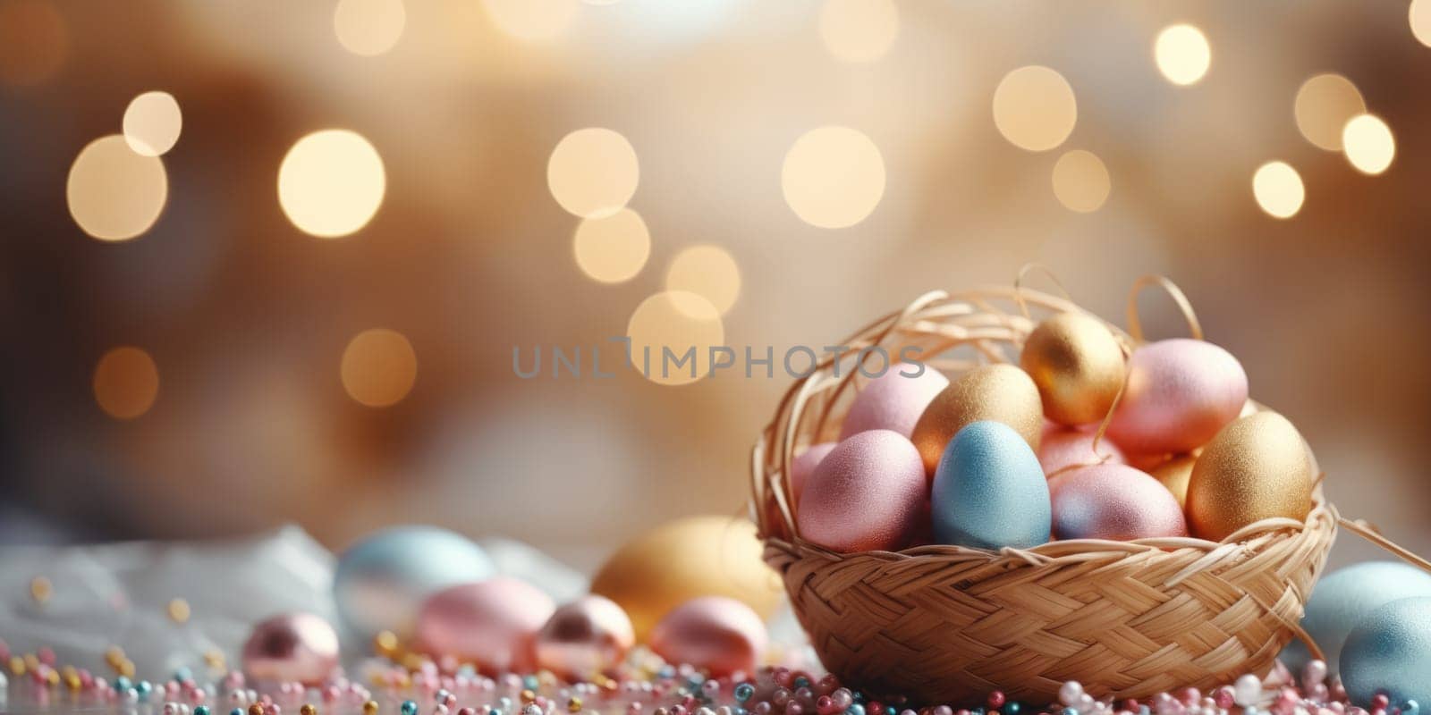 easter banner with easter decorations, easter basket, sparkling bokeh, pastell colors. ai generated